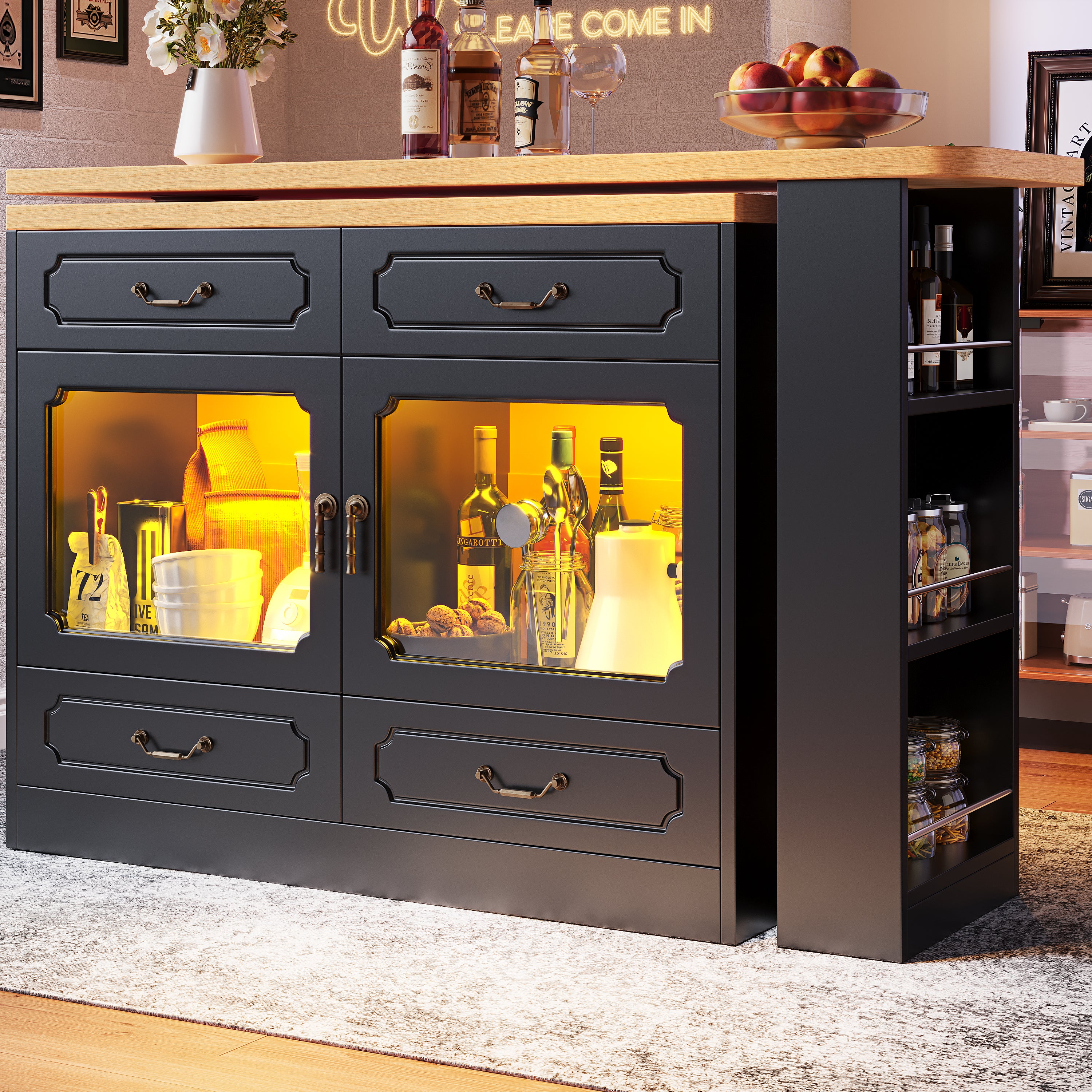 360° rotation, bar table (main body 135-203 x 39 x 92.8 cm), coffee bar furniture, rotatable dining bar with storage, kitchen island, double doors with four drawers, 3-tier open storage space, black