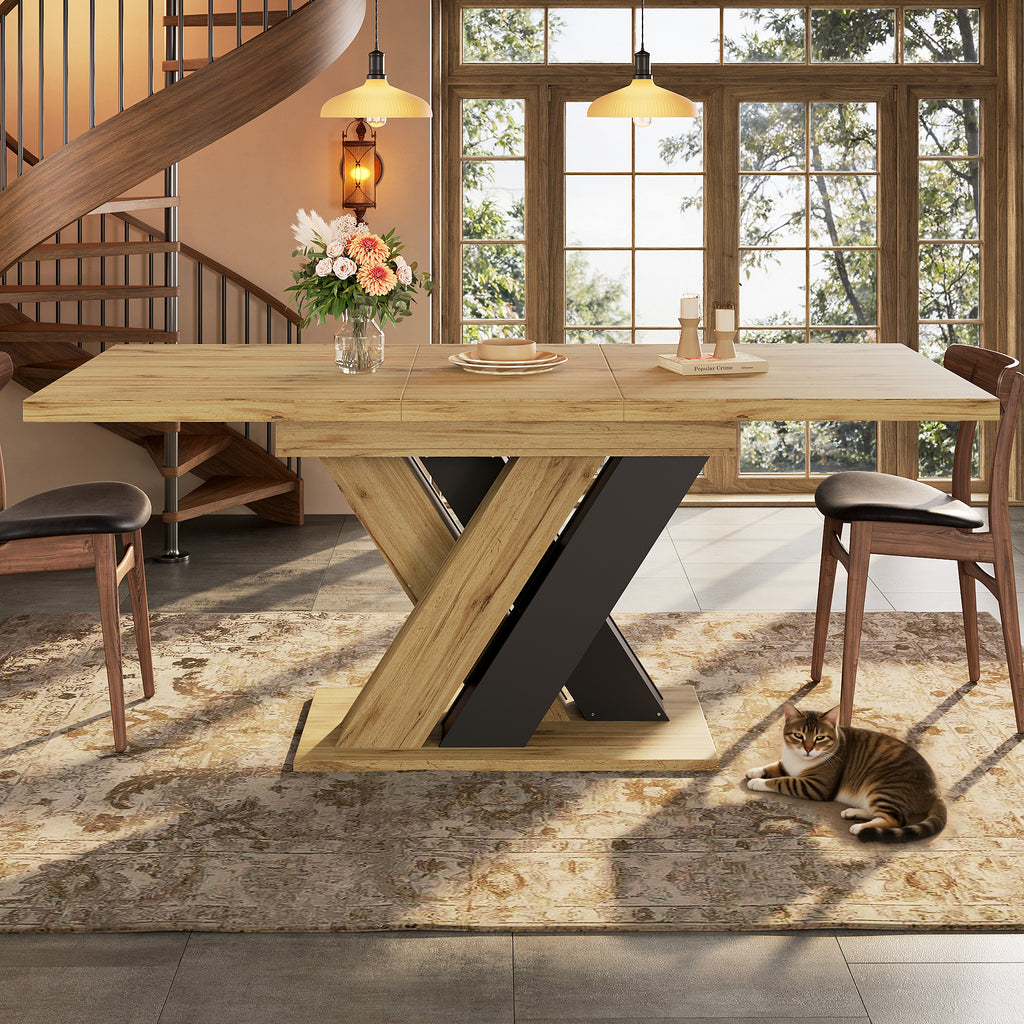 Dining table Telescopic table ,  kitchen table, extendable to 119-158.5cm with the aid of internal insert panels, for kitchen and living room, wood-colored dining table with X-shaped legs