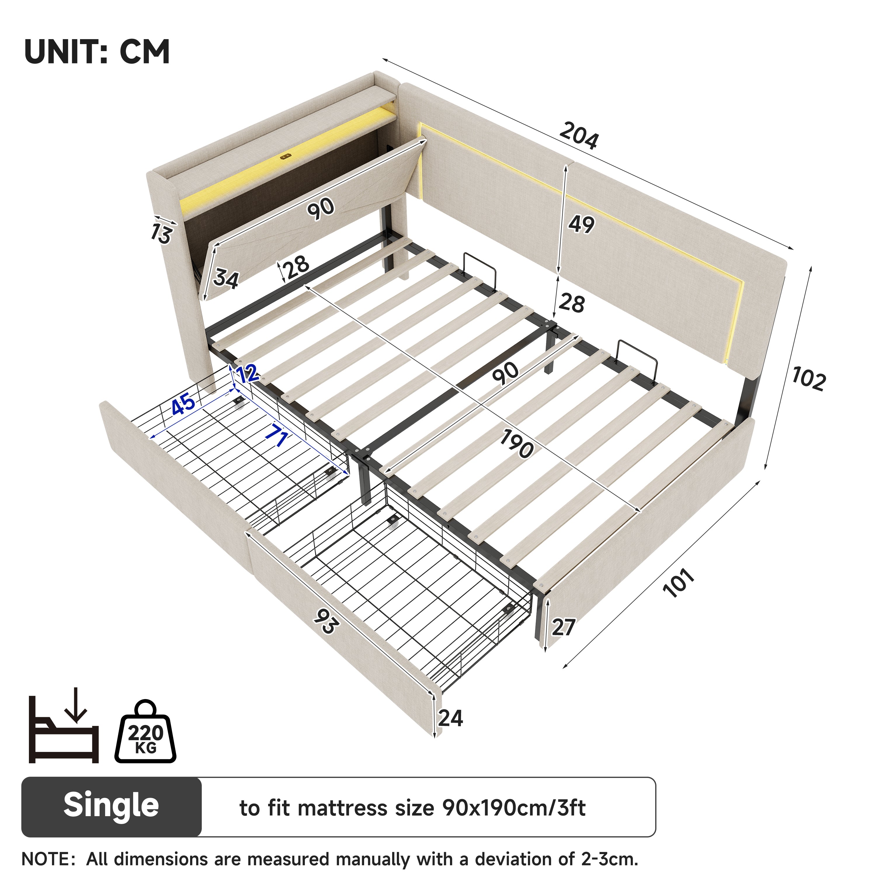 3ft Single Daybed with Two Storage Drawers, LED Concealed Headboard Storage with Charging Station, Modern Linen Sofa Bed for Living Room/ Bedroom/ Study Room, 90X190cm, Beige (No Mattress)