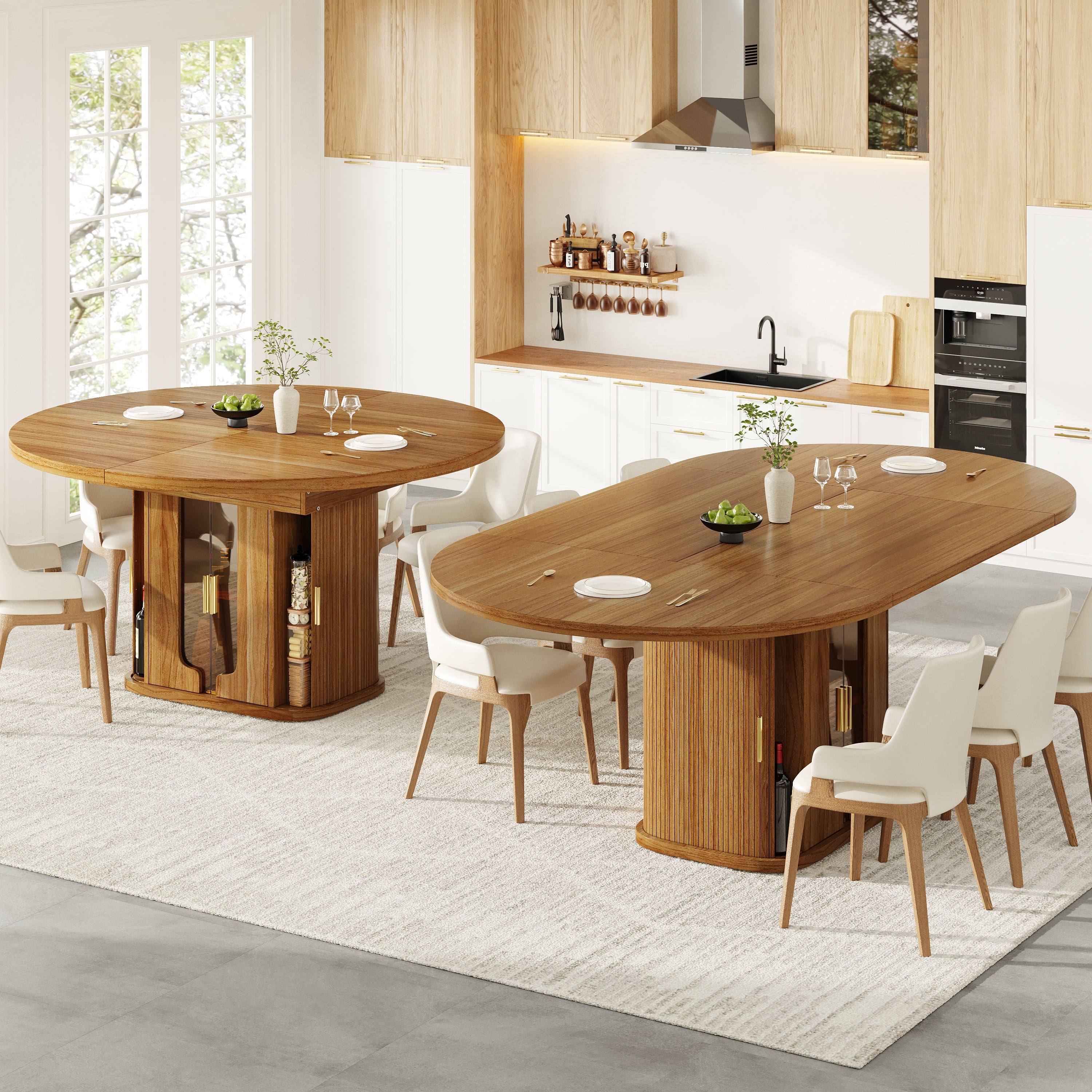Extendable dining table, dining room table, kitchen table, round dining table, extends to oval, 118-158 cm, seats up to 6 people, dining table with glass doors, Walnut