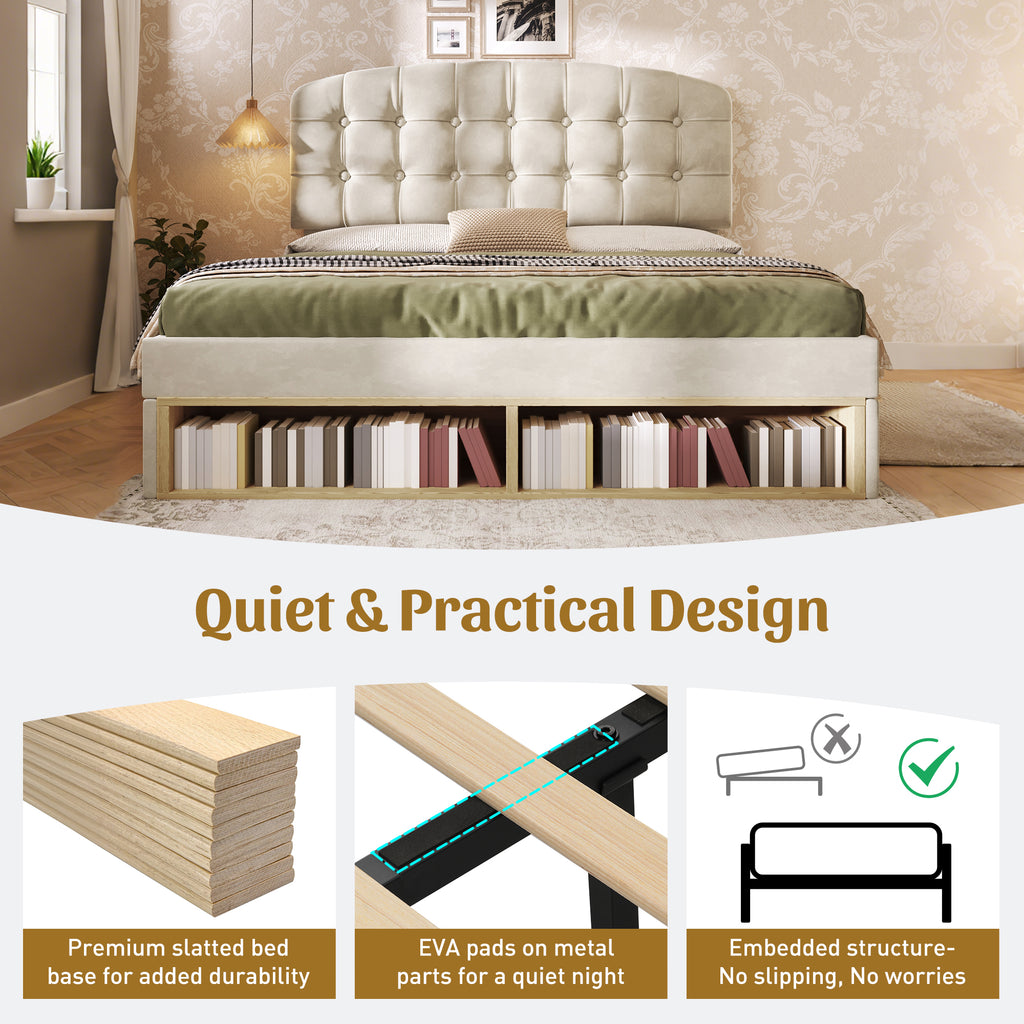 Upholstered Double Bed with Storage Compartments and Drawers, 4ft6 Double Bed with Adjustable Headboard, 135 x 190 cm, Velvet, Beige (No Mattress)