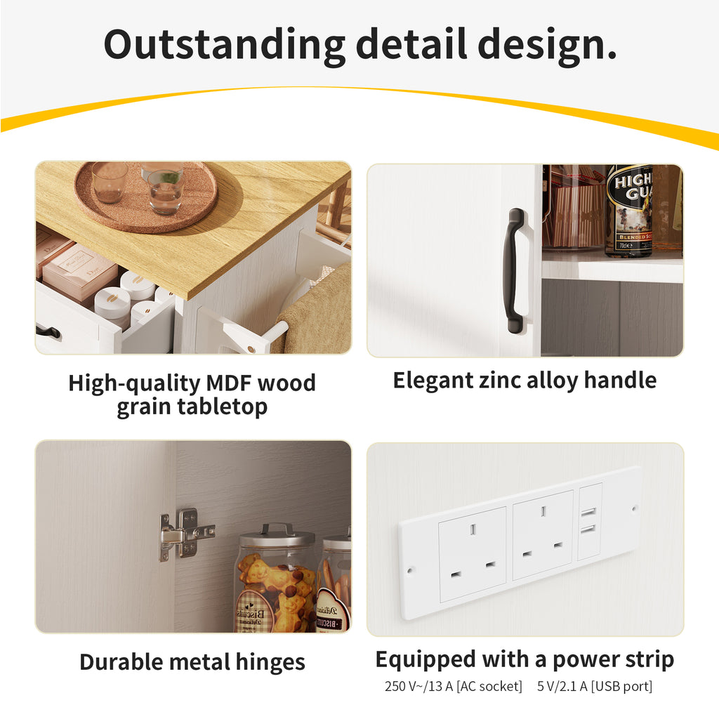Kitchen island, kitchen trolley equipped with power socket, kitchen cabinet, removable serving trolley with wine rack, buffet cabinet, dining trolley with wood grain, buffet cabinet, white