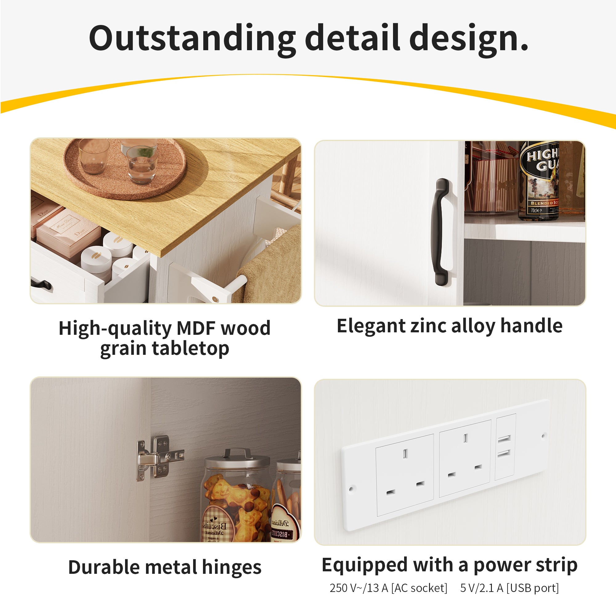 Kitchen island, kitchen trolley equipped with power socket, kitchen cabinet, removable serving trolley with wine rack, buffet cabinet, dining trolley with wood grain, buffet cabinet, white