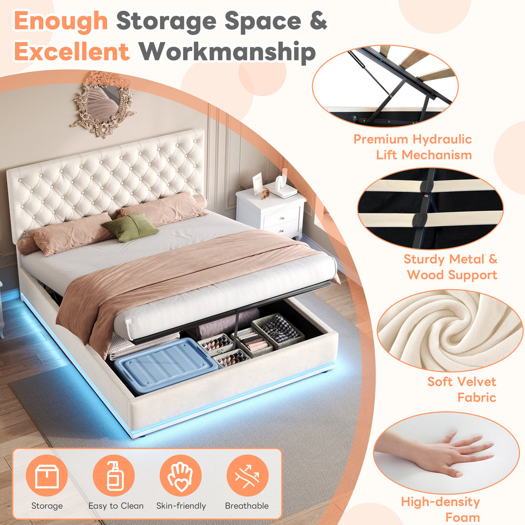 Double Ottoman Bed with LED Lighting, Velvet Upholstered Bed with Hydraulic Storage, 4ft6 Double Bed Frame with Handmade Button Tufted Adjustable Headboard, No Box Spring Needed, Beige (No Mattress)