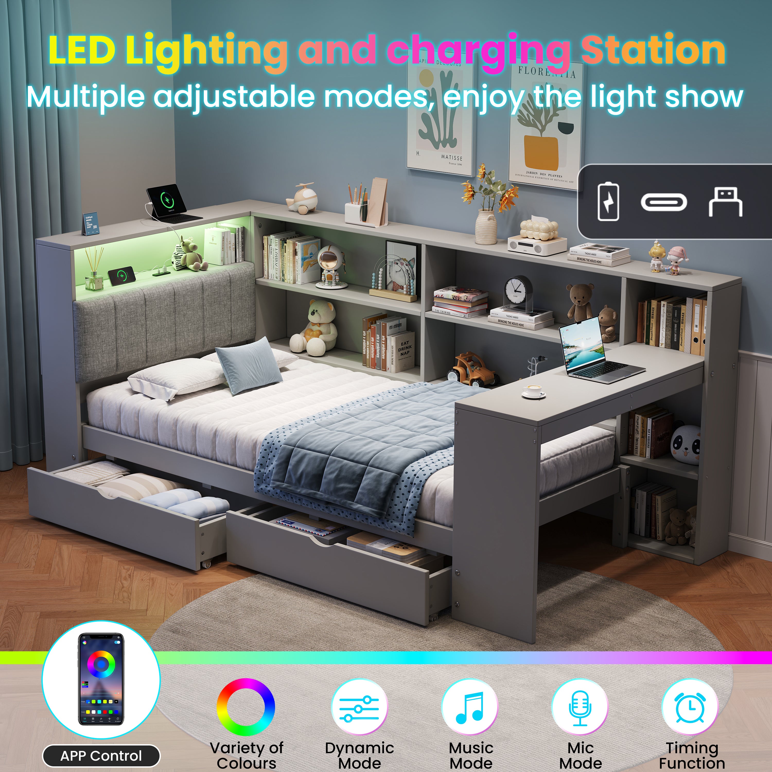 3ft Single L-Shape Daybed with Storage Drawers and Bookcase Storage, LED Linen Concealed Headboard Storage with Charging Station, Wood Bed for Living Room/ Bedroom/ Study Room, Grey (No Mattress)