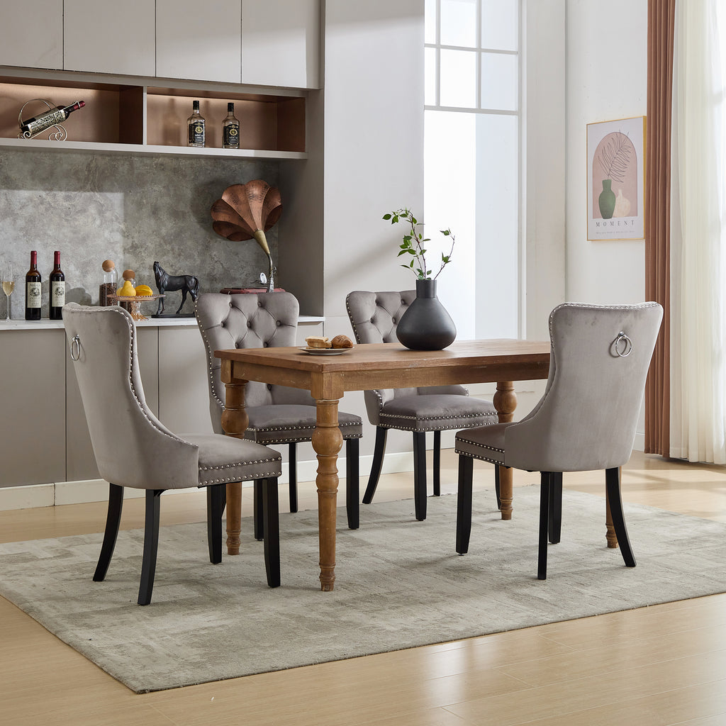 Modern Set of 4 Upholstered Velvet Dining Chairs, Button Tufted Kitchen Lounge Chairs with Solid Wood Legs, Riveted Trim and Knocker Ring, for Dining Room Living Room, Grey