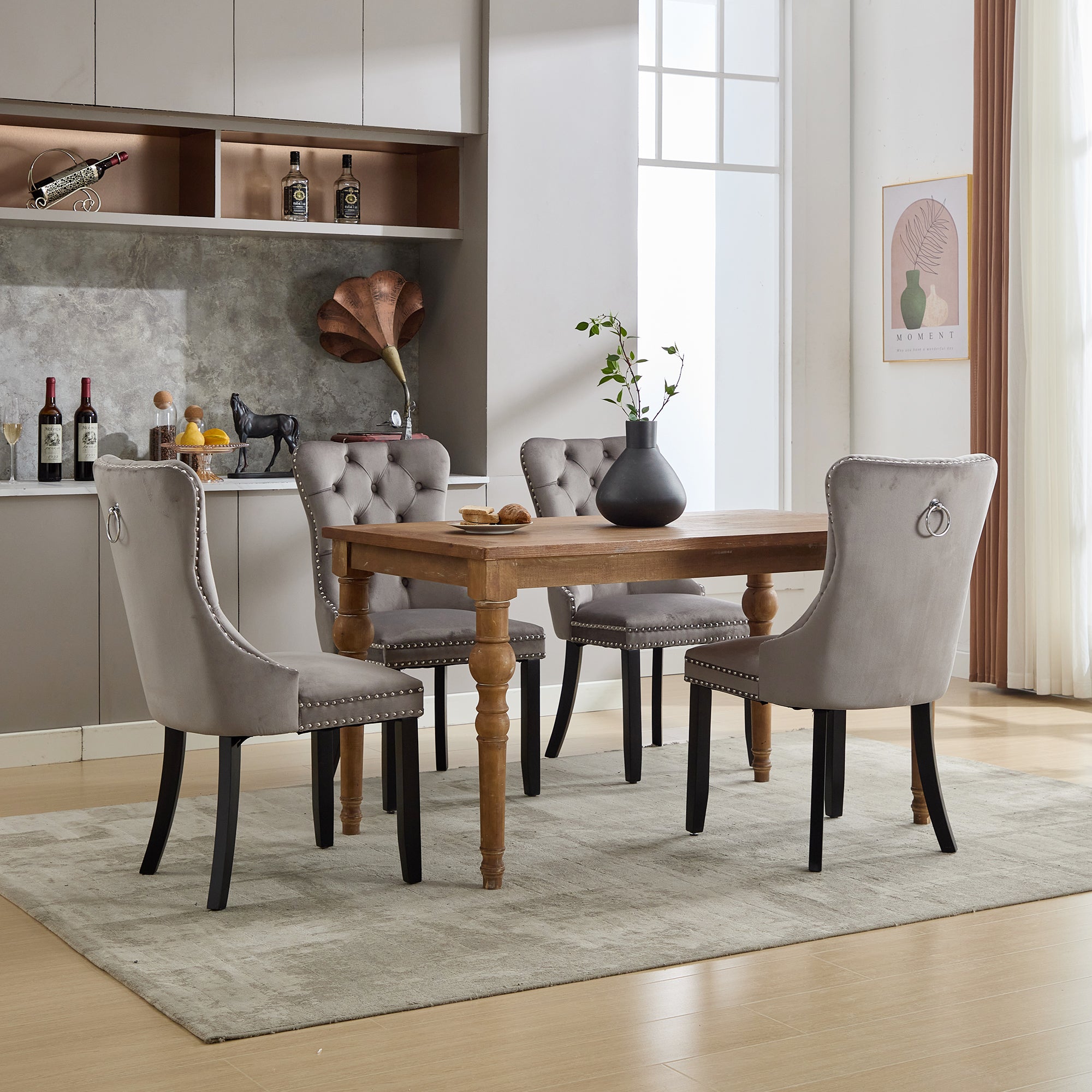 Modern Set of 4 Upholstered Velvet Dining Chairs, Button Tufted Kitchen Lounge Chairs with Solid Wood Legs, Riveted Trim and Knocker Ring, for Dining Room Living Room, Grey
