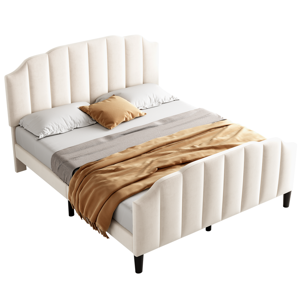 4ft6 Double Upholstered Bed Frame with Adjustable Chic Channel-Tufted Headboard, Velvet Platform Bed Frame with Solid Wood Slat and Mute Foam, No Box Spring Needed, Easy Assembly, Beige (No Mattress)