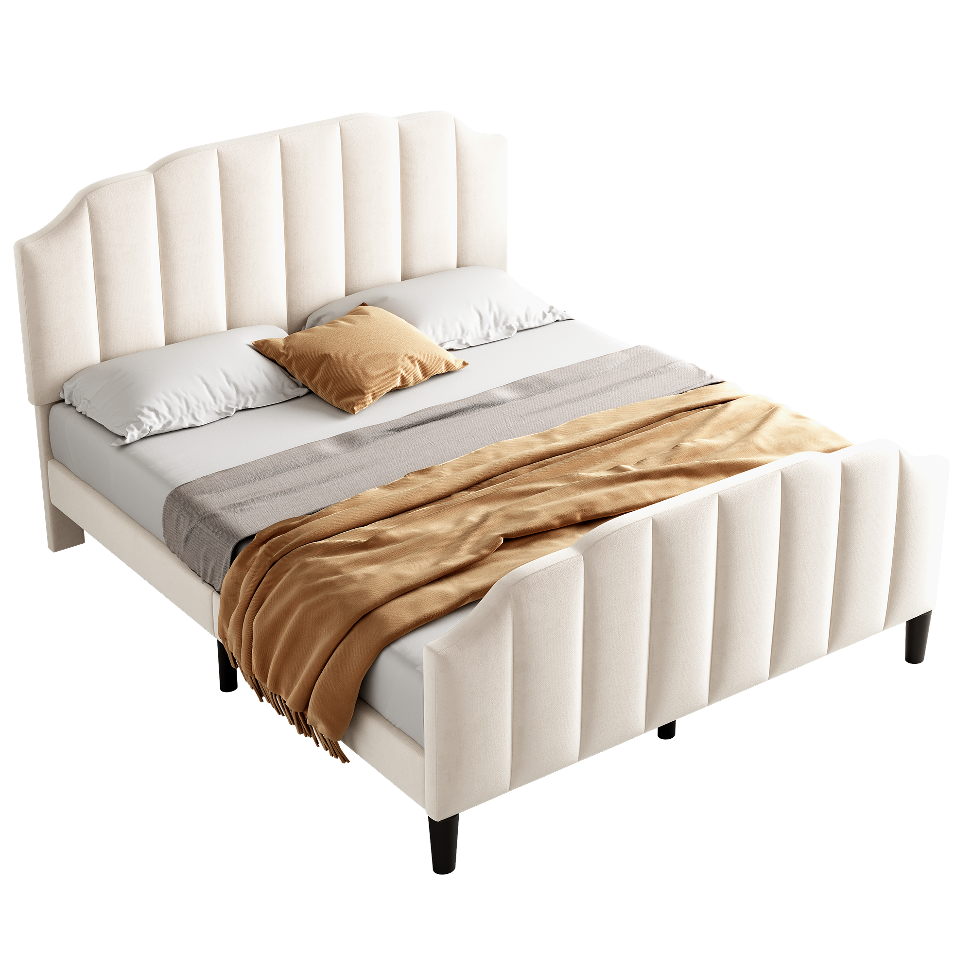 4ft6 Double Upholstered Bed Frame with Adjustable Chic Channel-Tufted Headboard, Velvet Platform Bed Frame with Solid Wood Slat and Mute Foam, No Box Spring Needed, Easy Assembly, Beige (No Mattress)