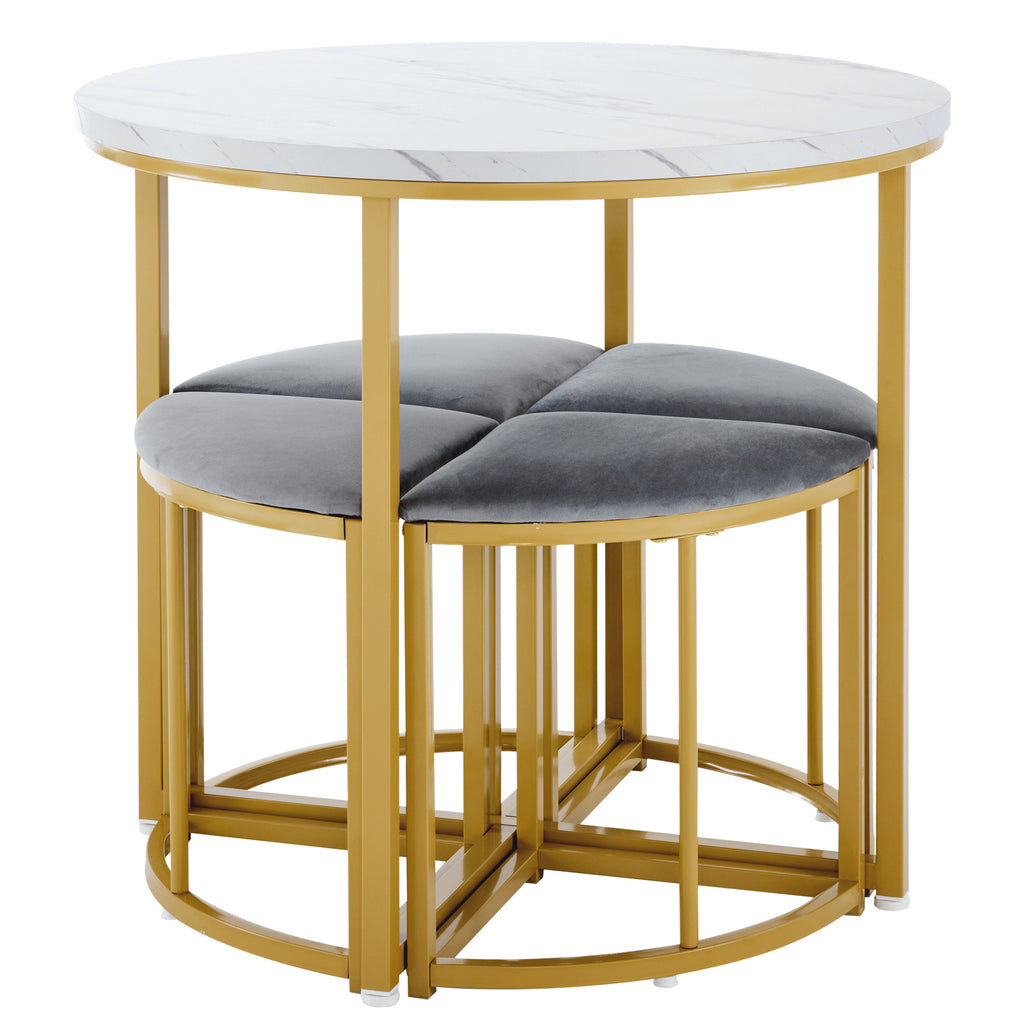 Modern metal frame round marble dining table and chair set (5 pieces) with 4 semi-circular stools, suitable for small apartments and restaurants