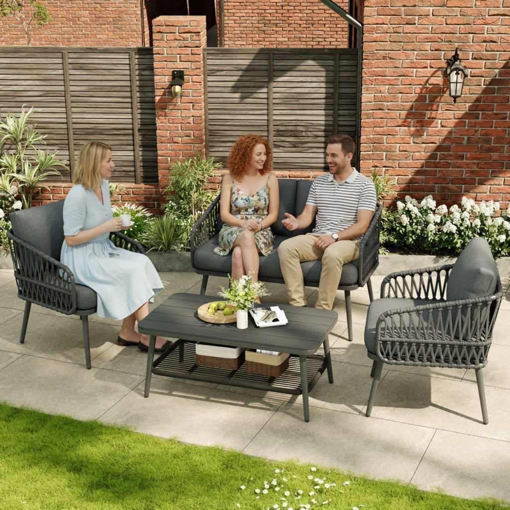 4 Seater Garden Set with Plastic Wood Storage Coffee Table, Polyester Rope Outdoor Set with Sofa and Armchairs, Weatherproof Outdoor Patio Sofa for Balcony and Terrace, Linen, Grey