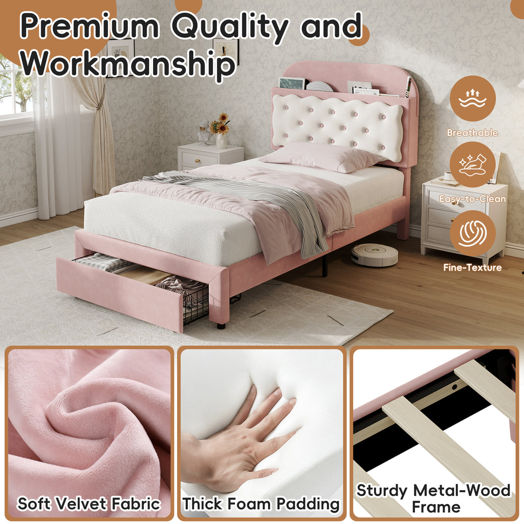 3ft Single Velvet Upholstered Bed Frame, Adjustable Cookie Shaped Storage Headboard with Storage Drawer at Bed End, No Box Spring Needed, Easy Assembly, Pink+ Cream White (No Mattress)