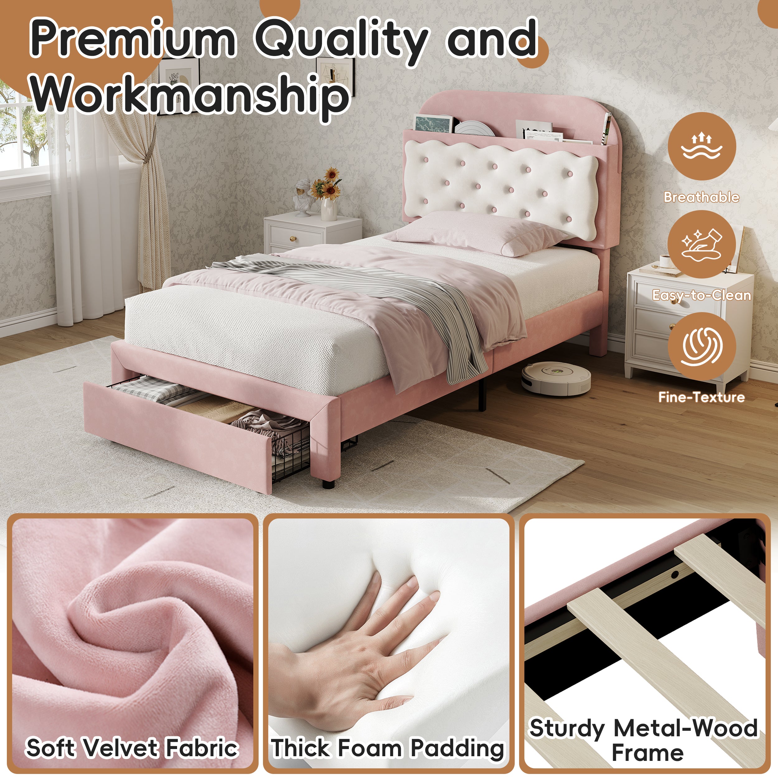3ft Single Velvet Upholstered Bed Frame, Adjustable Cookie Shaped Storage Headboard with Storage Drawer at Bed End, No Box Spring Needed, Easy Assembly, Pink+ Cream White (No Mattress)