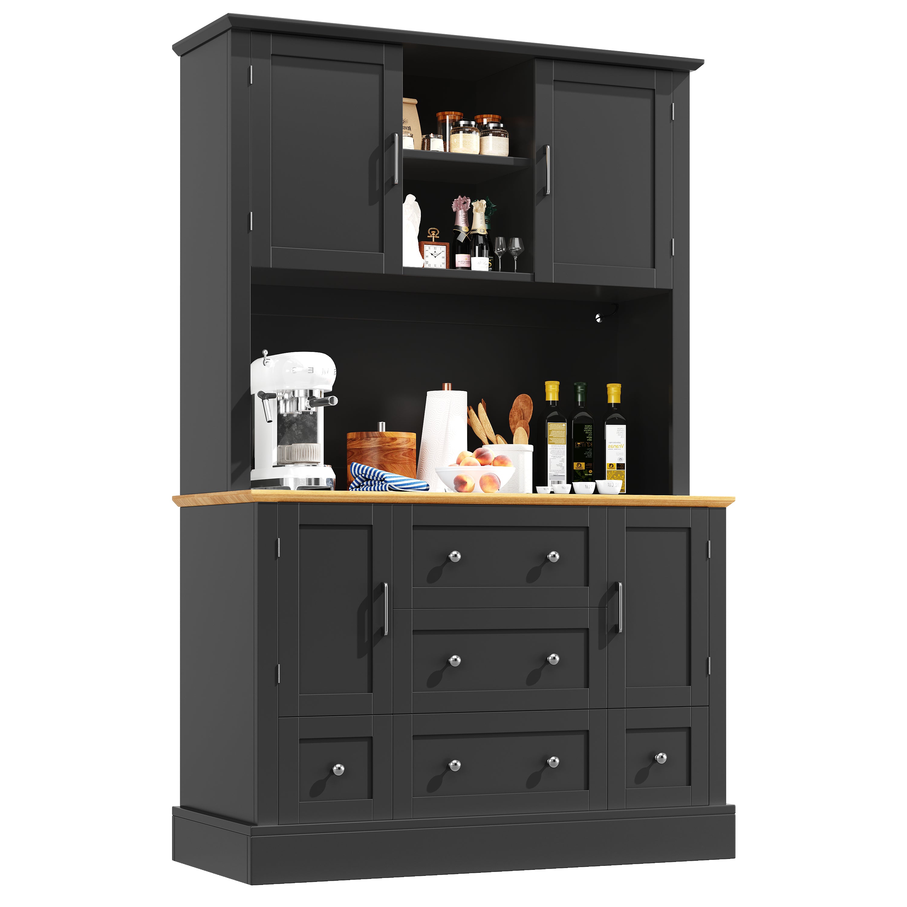 Snack cabinet, kitchen cabinet (115 x 40 x 180 cm), tall kitchen dining cabinet, sideboard, kitchen cabinet with five drawers and LED lighting, suitable for kitchen, living room, dining room, black