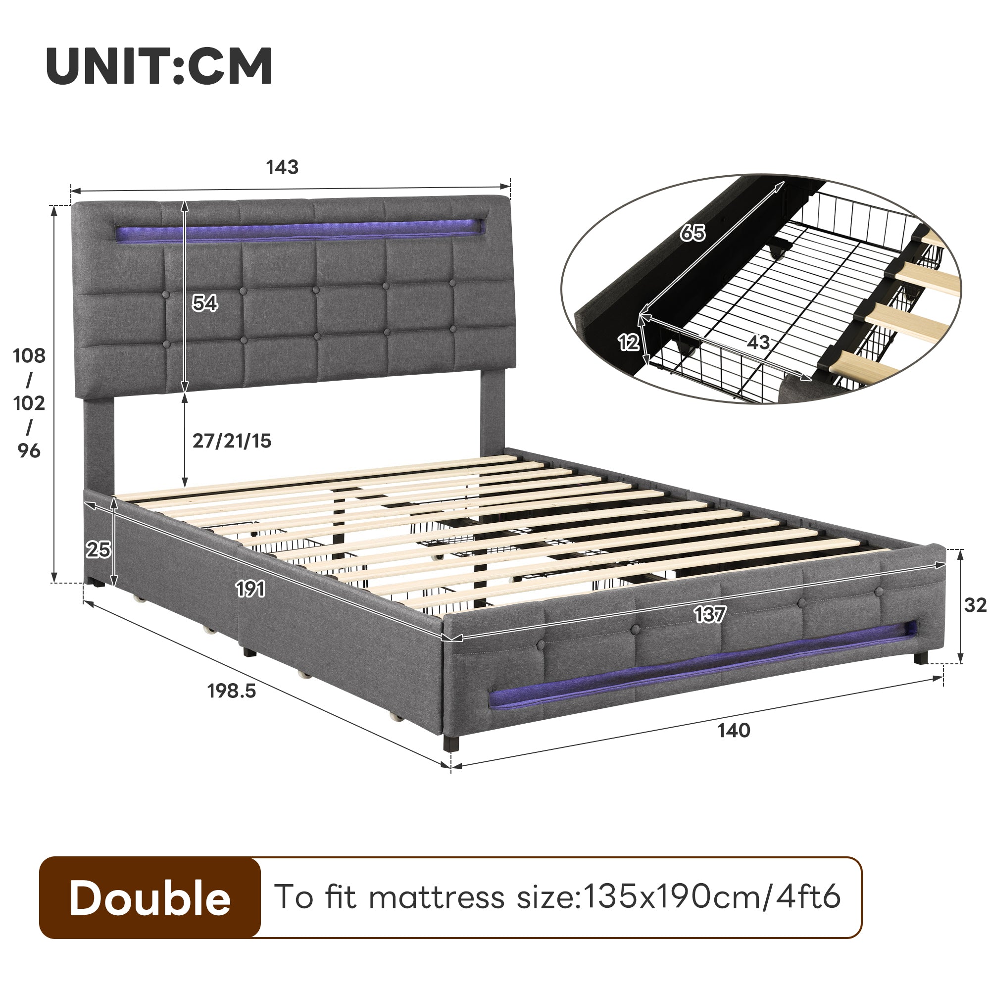 4ft6 Double Upholstered Bed with LED Lighting and Storage Drawers, Linen Fabric Storage Bed Frame with Adjustable Button Tufted Headboard, No Box Spring Needed, Easy Assembly, Grey (No Mattress)