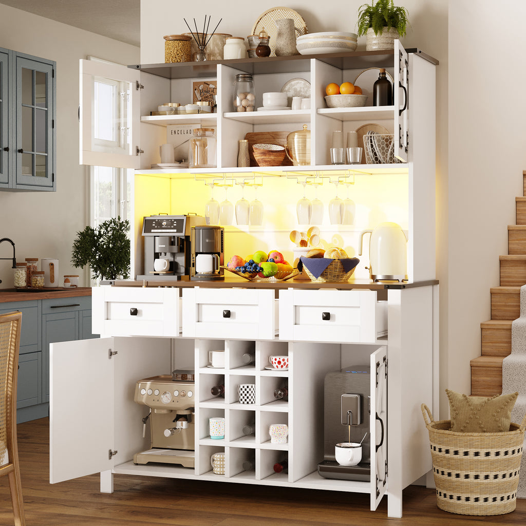 Tall Kitchen Cabinet with 4 Doors & 3 Drawers, USB Ports & Power Outlets, LED Light Strip, Modern Storage Sideboard, Side Cabinet for Kitchen & Living Room, 120 x 40 x 170 cm, White