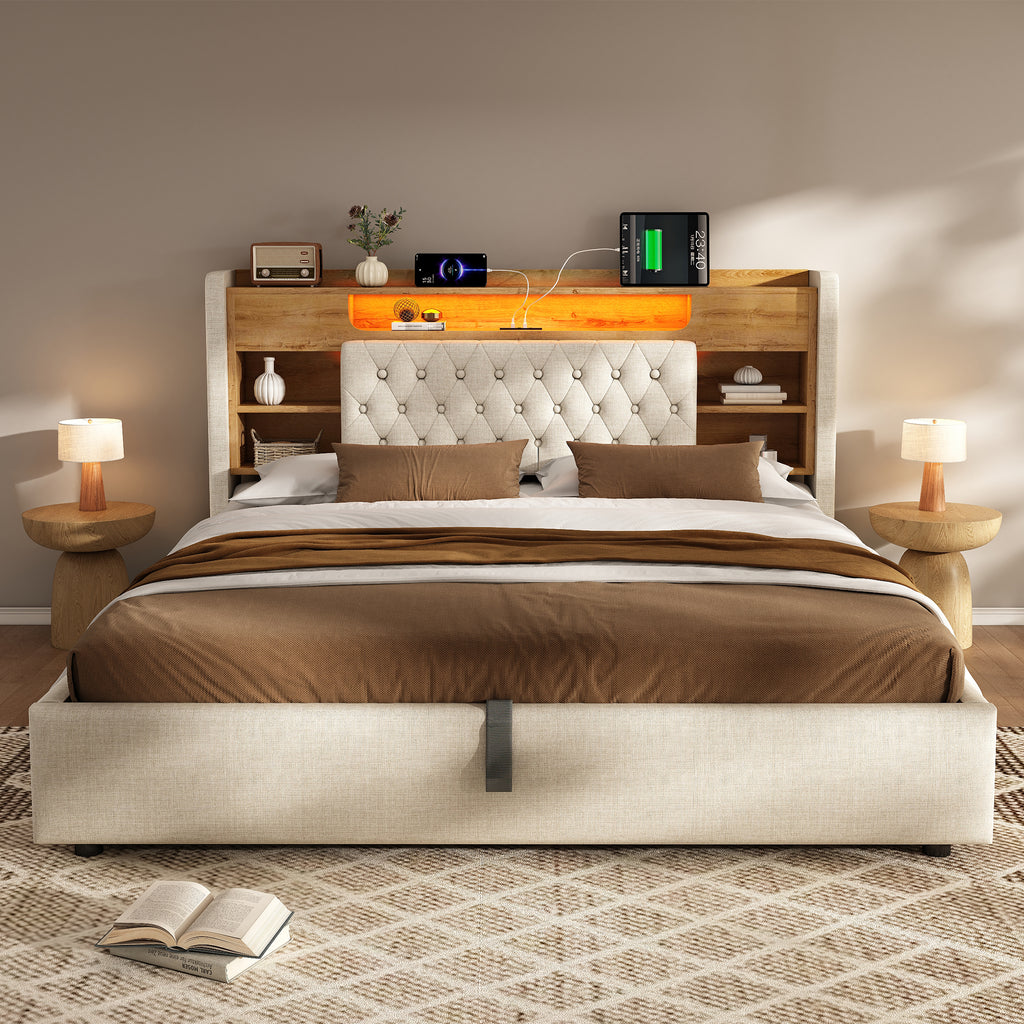 6ft Super King Bed with Hydraulic Storage, Upholstered Bed Frame with LED Lighting & Charging Station, Storage Headboard for Cellphones & Tablets, 180 x 200 cm, Linen, Beige (No Mattress)