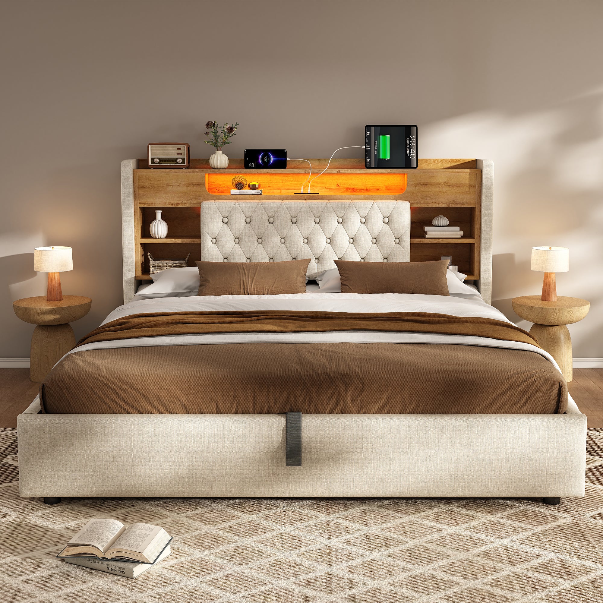 5ft King Bed with Hydraulic Storage, Upholstered Bed Frame with LED Lighting & Charging Station, Storage Headboard for Cellphones & Tablets, 150 x 200 cm, Linen, Beige (No Mattress)