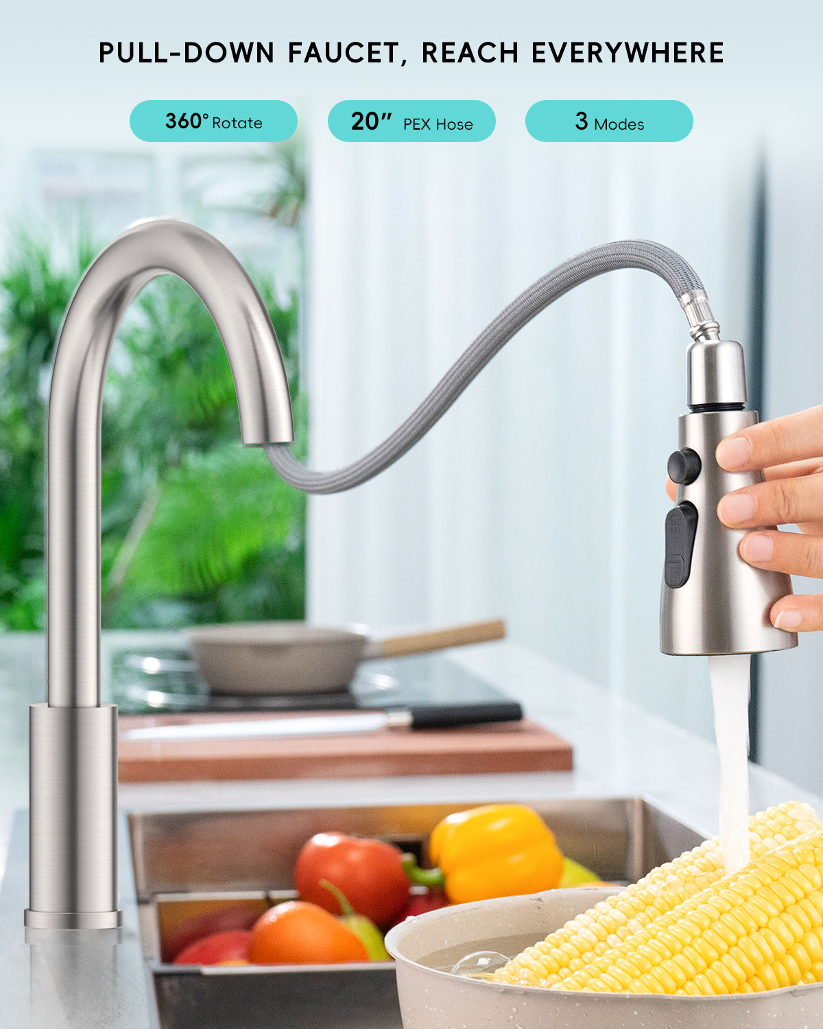 Brushed Stainless Pull-Out Kitchen Mixer Tap
