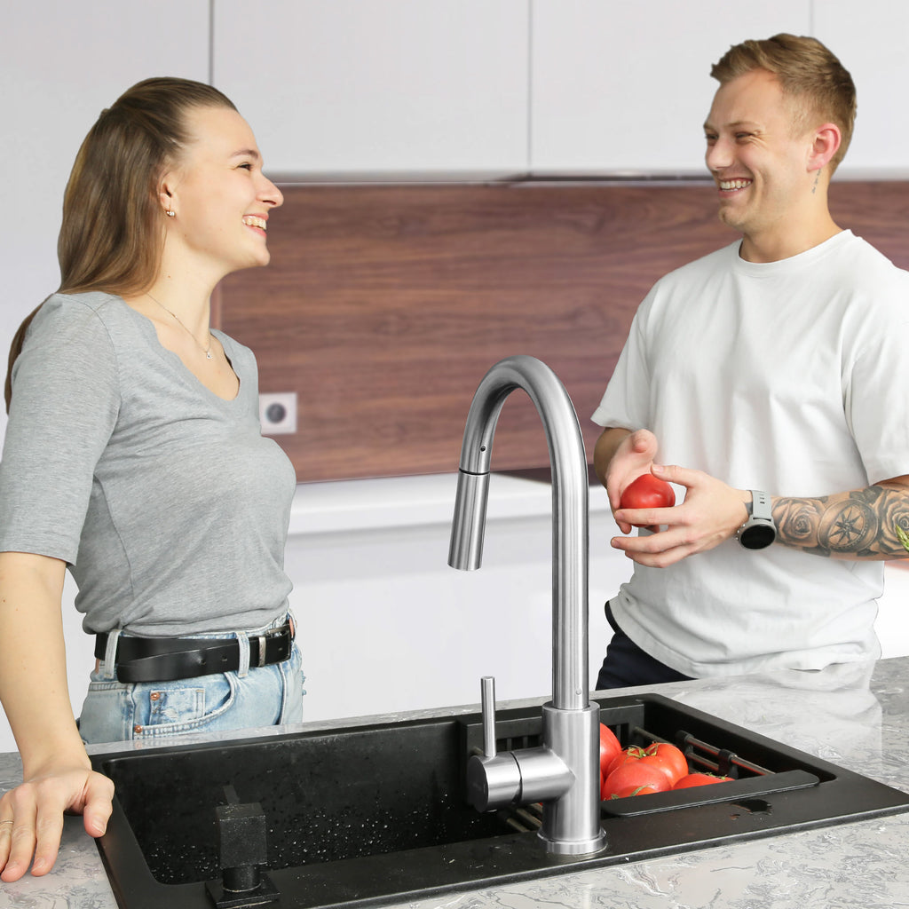 Brushed Stainless Pull-Out Kitchen Mixer Tap