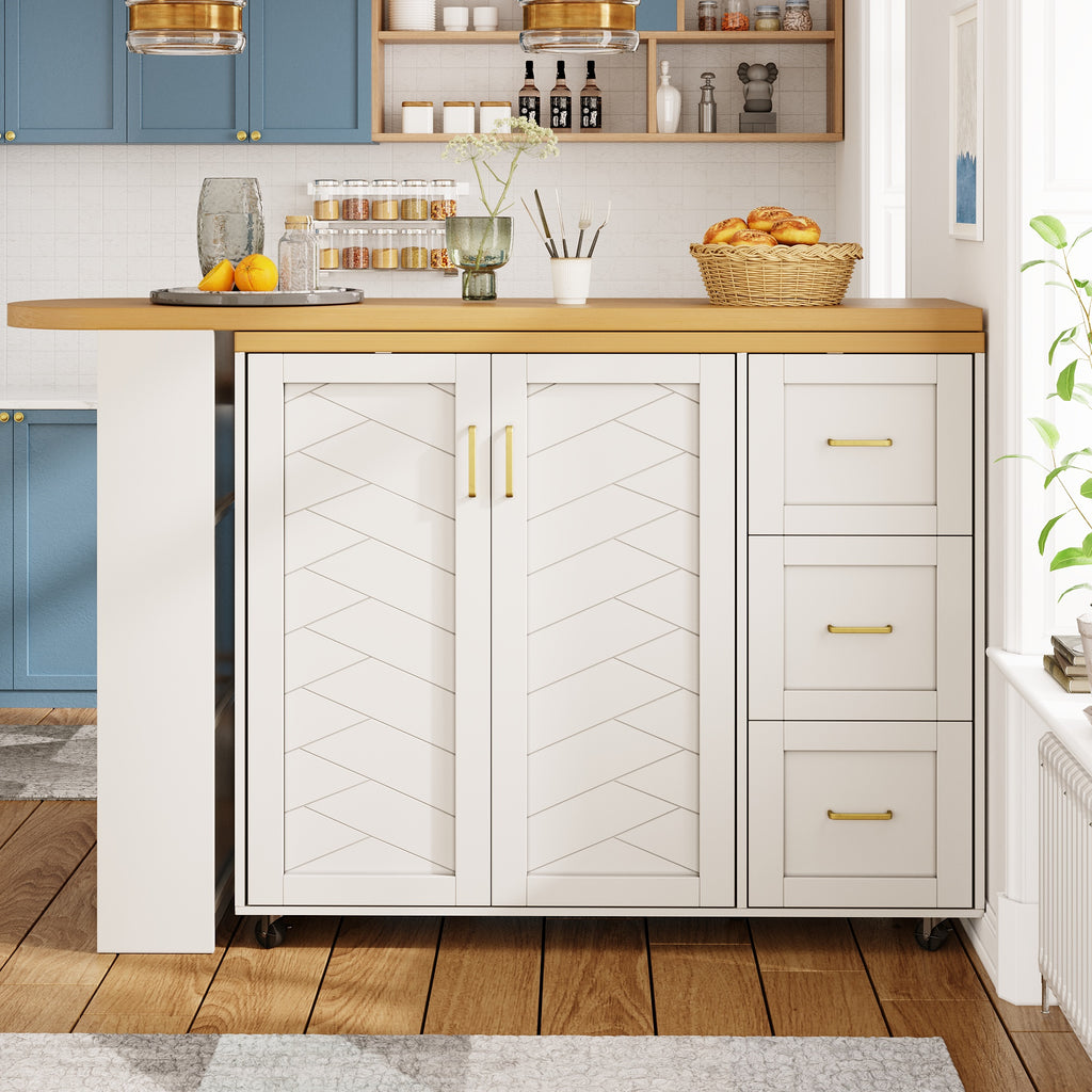 Extendable Bar Cart with 2 Doors & 3 Drawers (135-228 x 39 x 104 cm), Rollable, Home Bar in White, Worktop in Wood Look