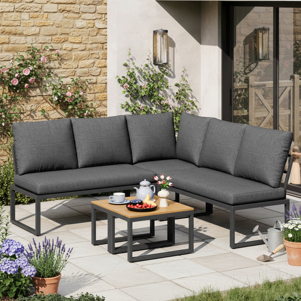 4-5 Seater Garden Outdoor Set with Flexibly Convertible Plastic Wood Tables, Adjustable Corner Sofa and Lounge Chair, Weather-Resistant Patio Furniture for Garden, Balcony and Terrace, Linen, Grey