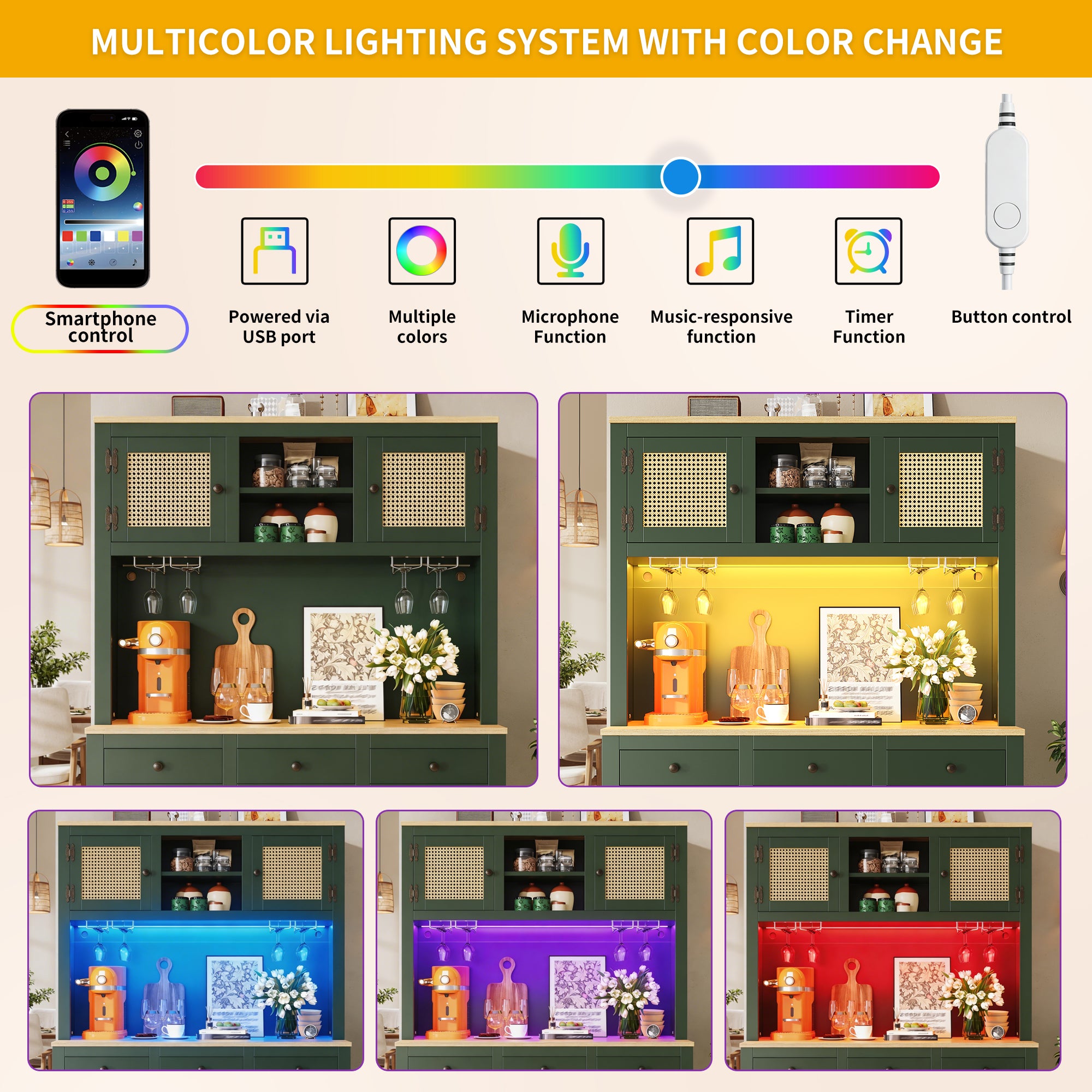 LED tall cabinet with lighting system, PE rattan cabinet with anti-tip device, large freestanding cabinet with adjustable shelves and drawers, vintage storage cabinet for kitchen, dining room