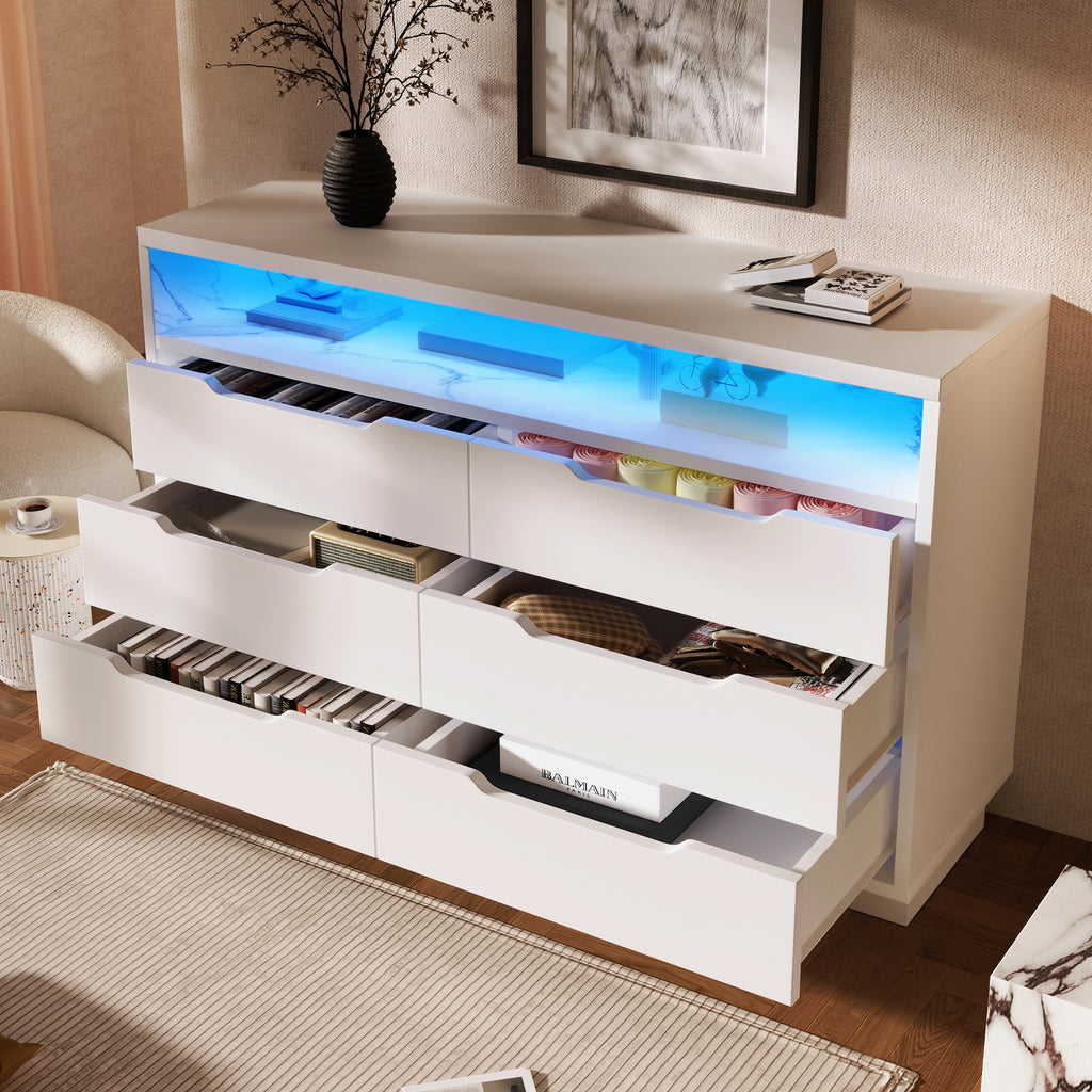 Marbled 6-Drawer Sideboard, Modern Storage Cabinet with RGB LED Lighting & Shelves, Chest of Drawers for Living Room Home Office, 85 x 120 x 40 cm, White