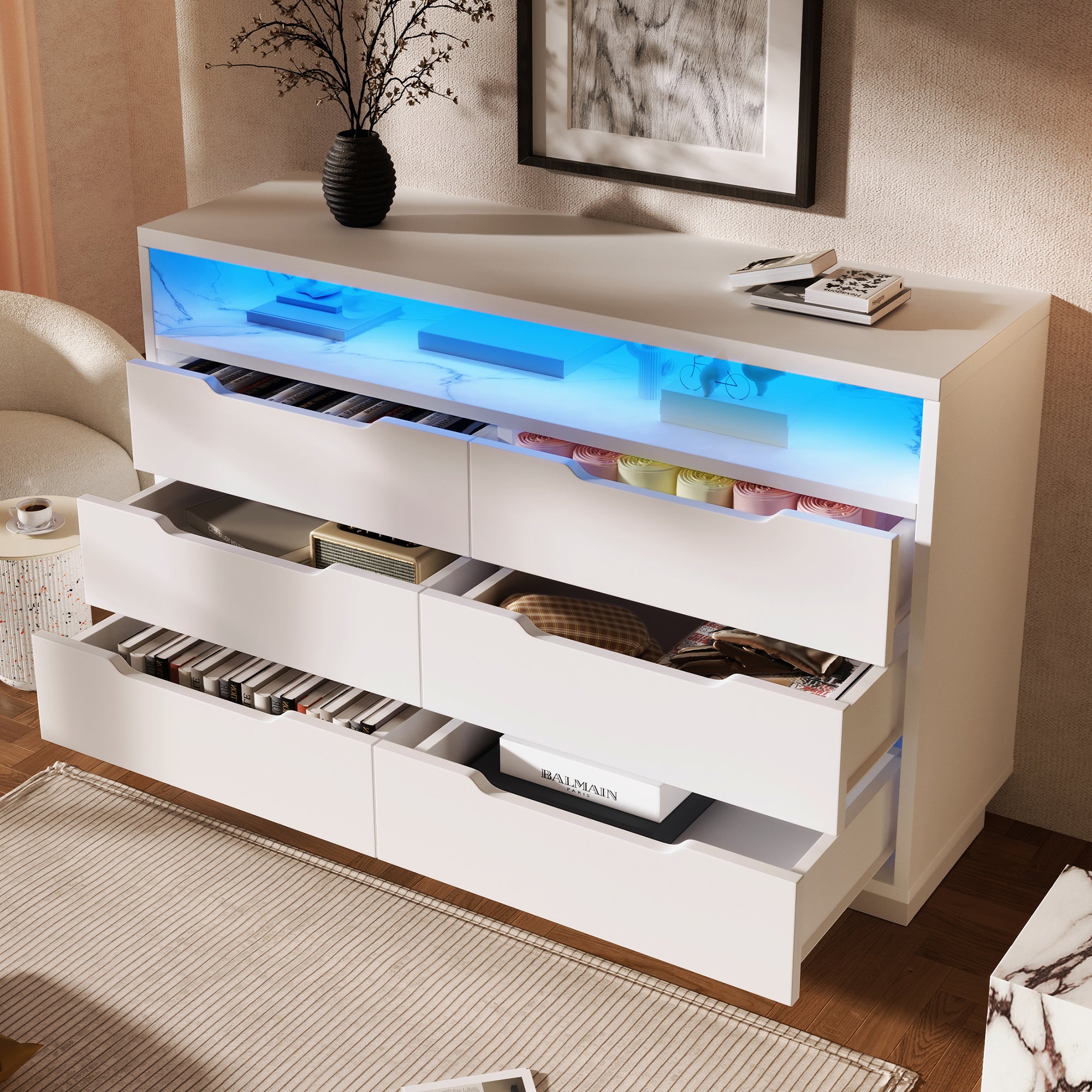 Marbled 6-Drawer Sideboard, Modern Storage Cabinet with RGB LED Lighting & Shelves, Chest of Drawers for Living Room Home Office, 85 x 120 x 40 cm, White