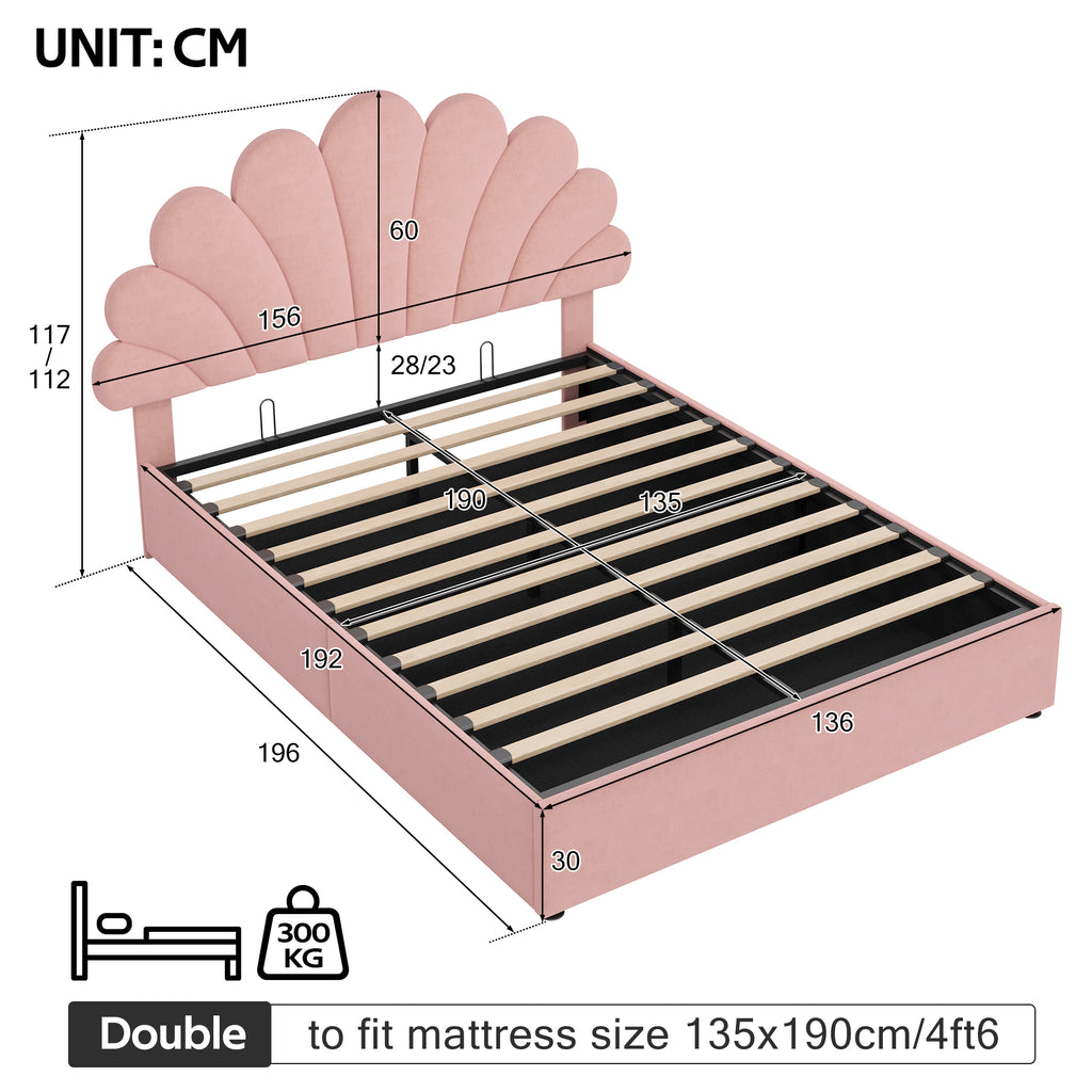 4ft6 Double Upholstered Hydraulic Bed with Adjustable Chic Petal Headboard, Soft Velvet Bed Frame with Hydraulic Storage, Petal Bed with Solid Wood Slat, No Box Spring Needed, Pink (No Mattress)