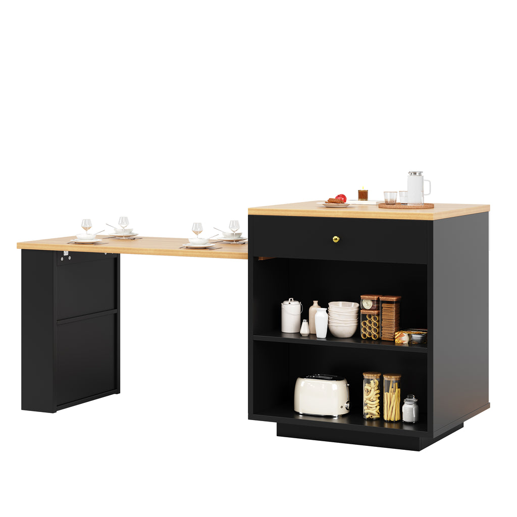 Extendable bar table with storage (122.5-195.5×70×93.5cm), with four drawers and curved glass door, kitchen island with extendable table, LED color light, for 2-6 people, kitchen dining cart with side
