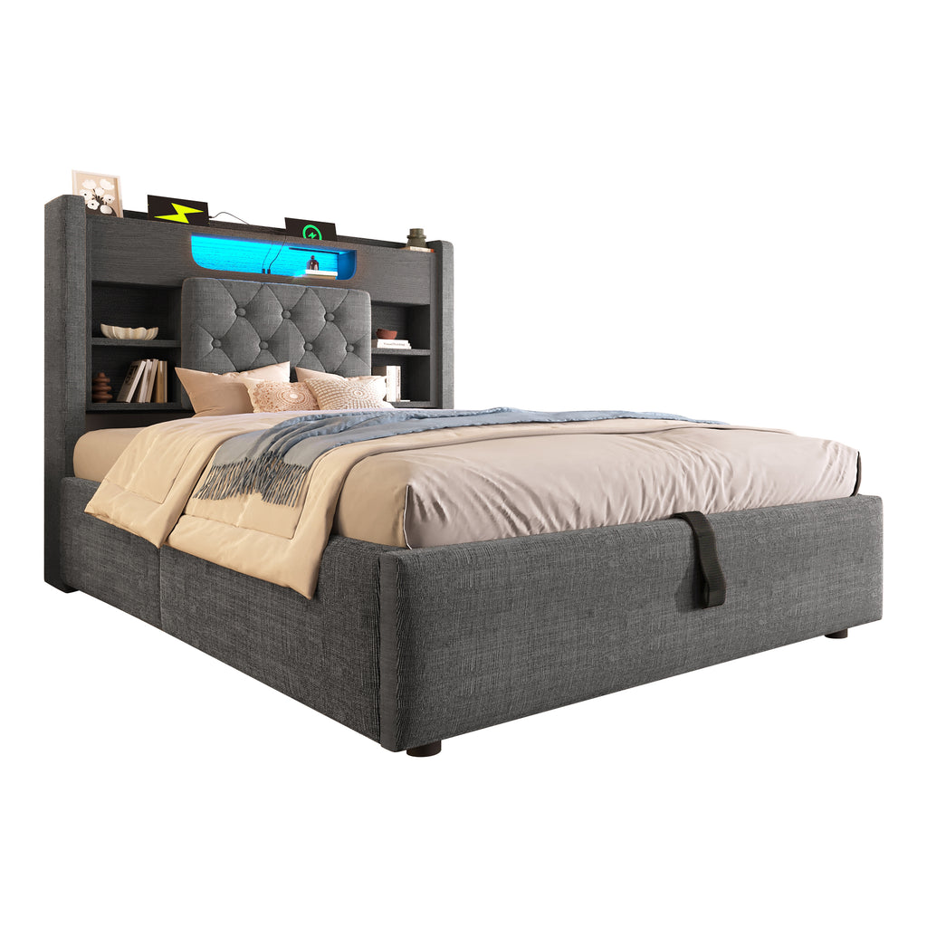 4ft6 Double Bed with Hydraulic Storage, Upholstered Bed Frame with LED Lighting & Charging Station, Storage Headboard for Cellphones & Tablets, 135 x 190 cm, Linen, Grey (No Mattress)