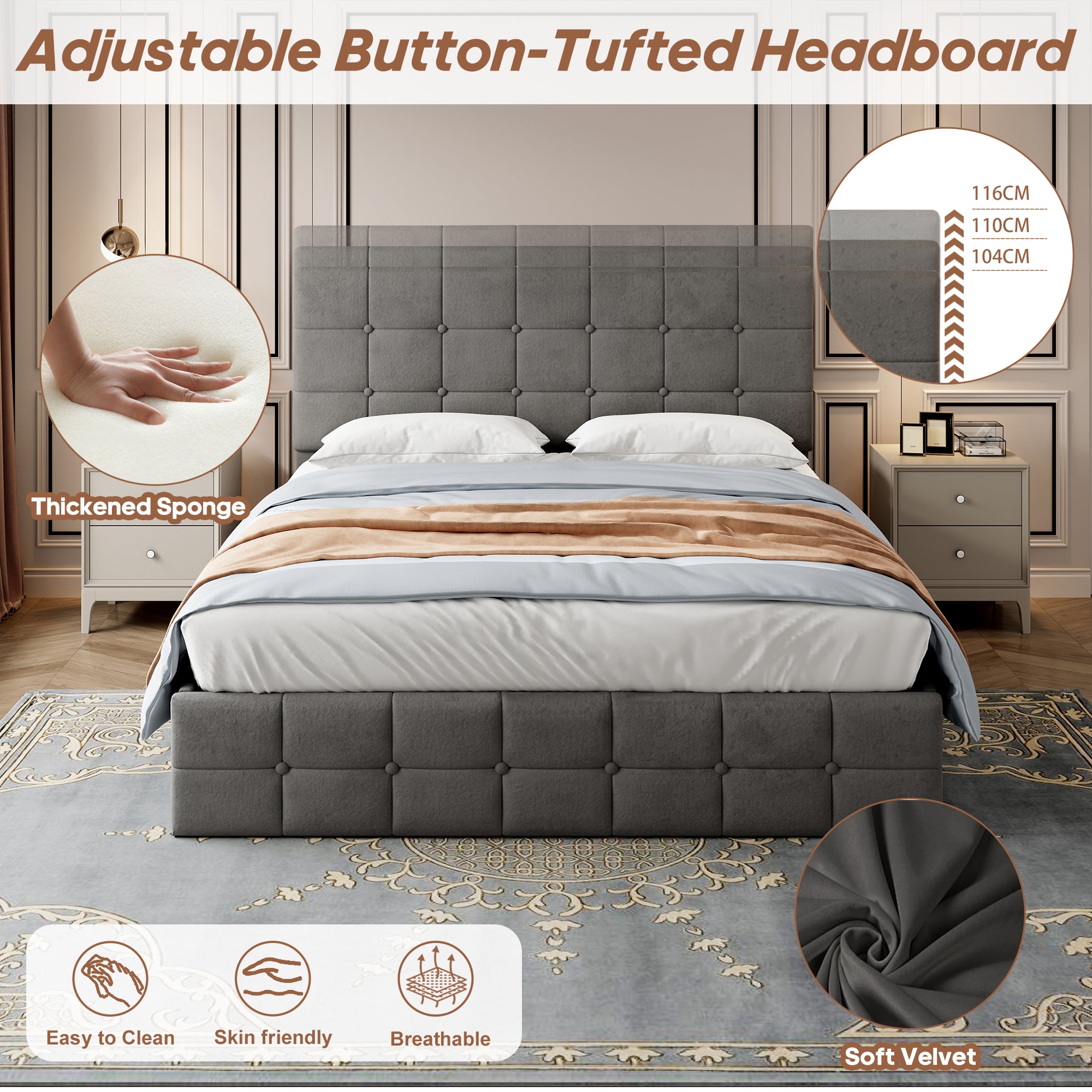 4ft6 Double Upholstered Storage Bed Frame, Velvet Ottoman Bed with Hydraulic Storage, Double Bed with Adjustable Button Tufted Headboard, Metal-Wood Support, No Mattress, Grey