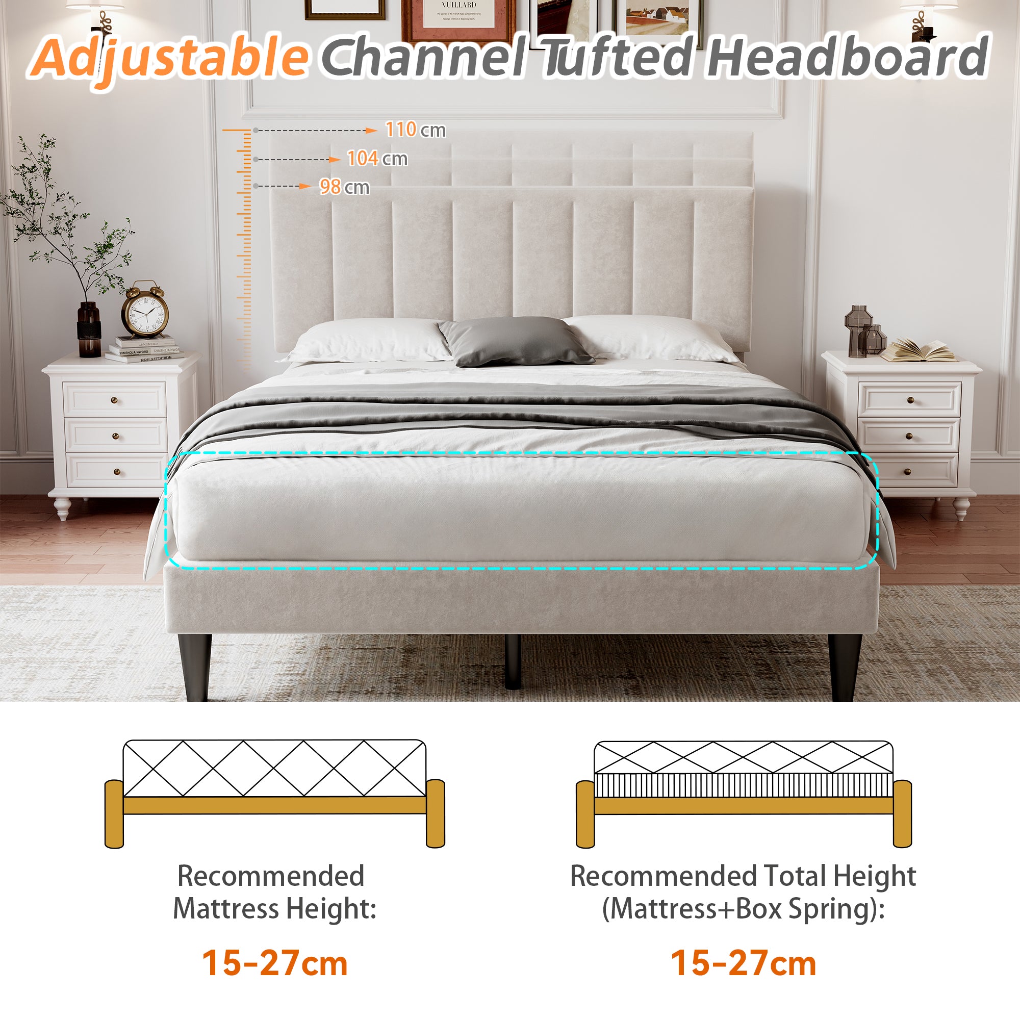 4ft6 Double Upholstered Velvet Bed Frame, with Adjustable Channel Tufted Headboard, Velvet Platform Bed Frame with Solid Wood Slat and Mute Foam, No Box Spring Needed, Easy Assembly, Beige