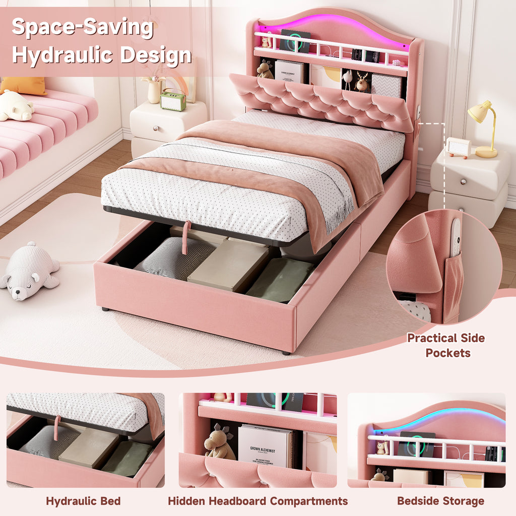 3ft Single Hydraulic Bed in Velvet, LED Bed Frame with Charging Station & Diamond Tufted Headboard, Multi-zone Storage, Solid & Stable Base, Pink (No Mattress)