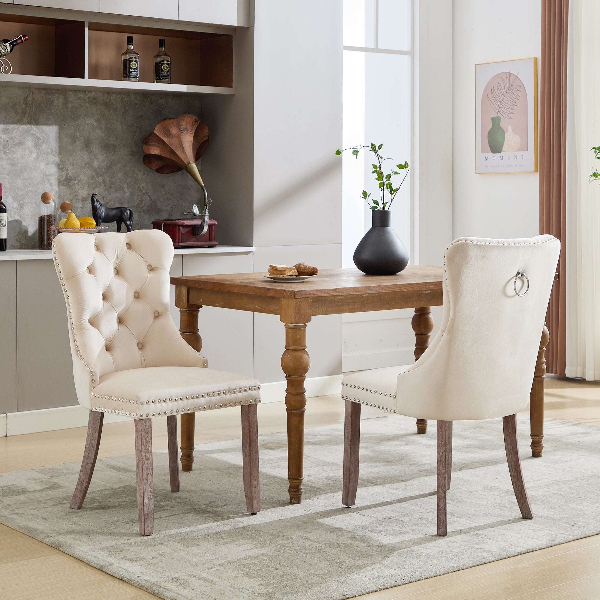Modern Set of 2 Upholstered Velvet Dining Chairs, Button Tufted Kitchen Lounge Chairs with Brushed Wood Legs, Riveted Trim and Knocker Ring, for Dining Room Living Room, Beige