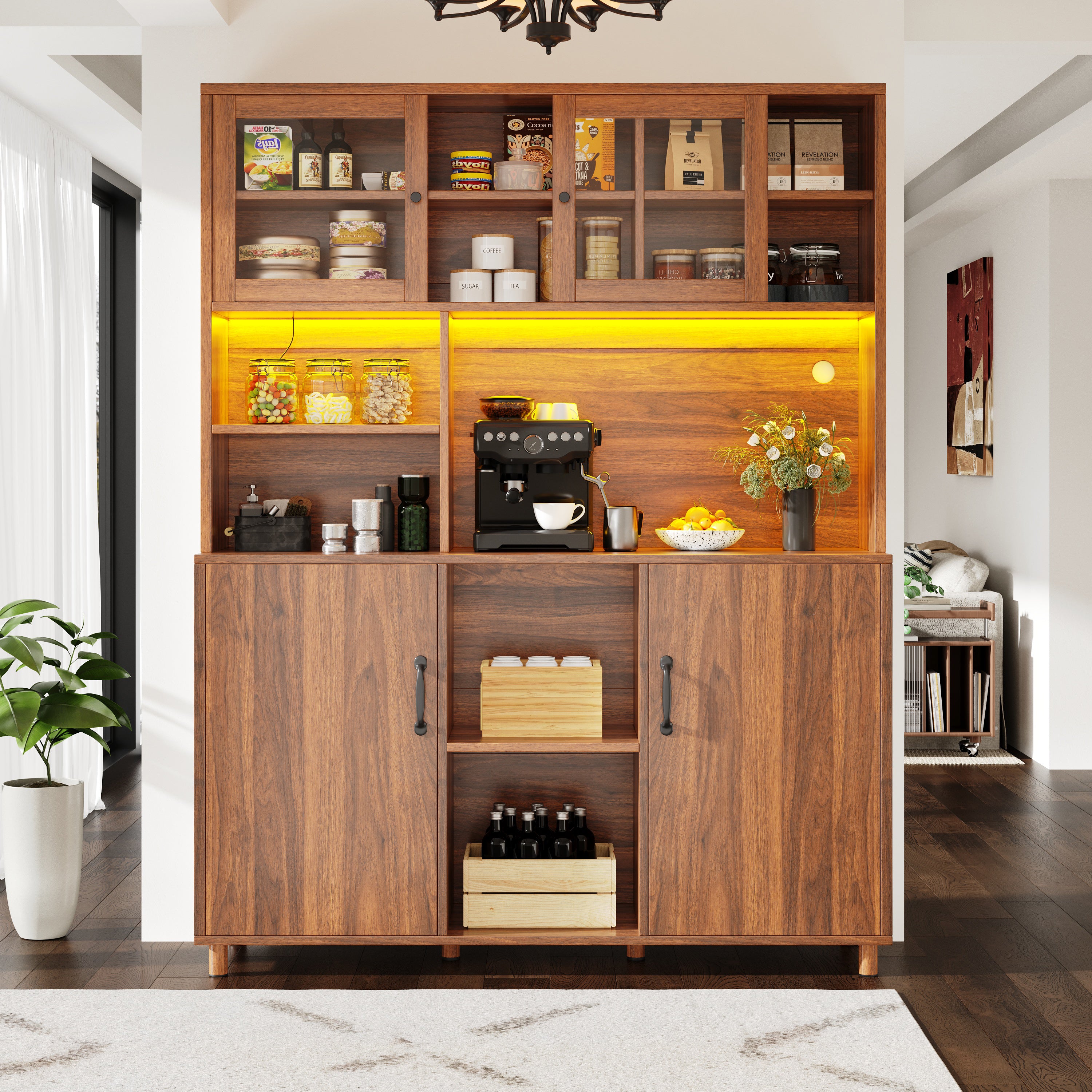 Tall cabinets for the living room, kitchen cabinet, dining room cabinet, cabinets with LED lighting, cabinet door with snack shelf, retro style, walnut color