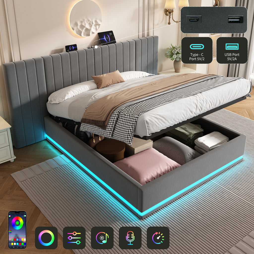King Ottoman Bed with LED Lighting, Velvet Hydraulic Storage Bed with Charging Station, 5ft King Bed Frame Channel Tufted with Wide Headboard, USB and Type - C Ports, Grey (No Mattress)