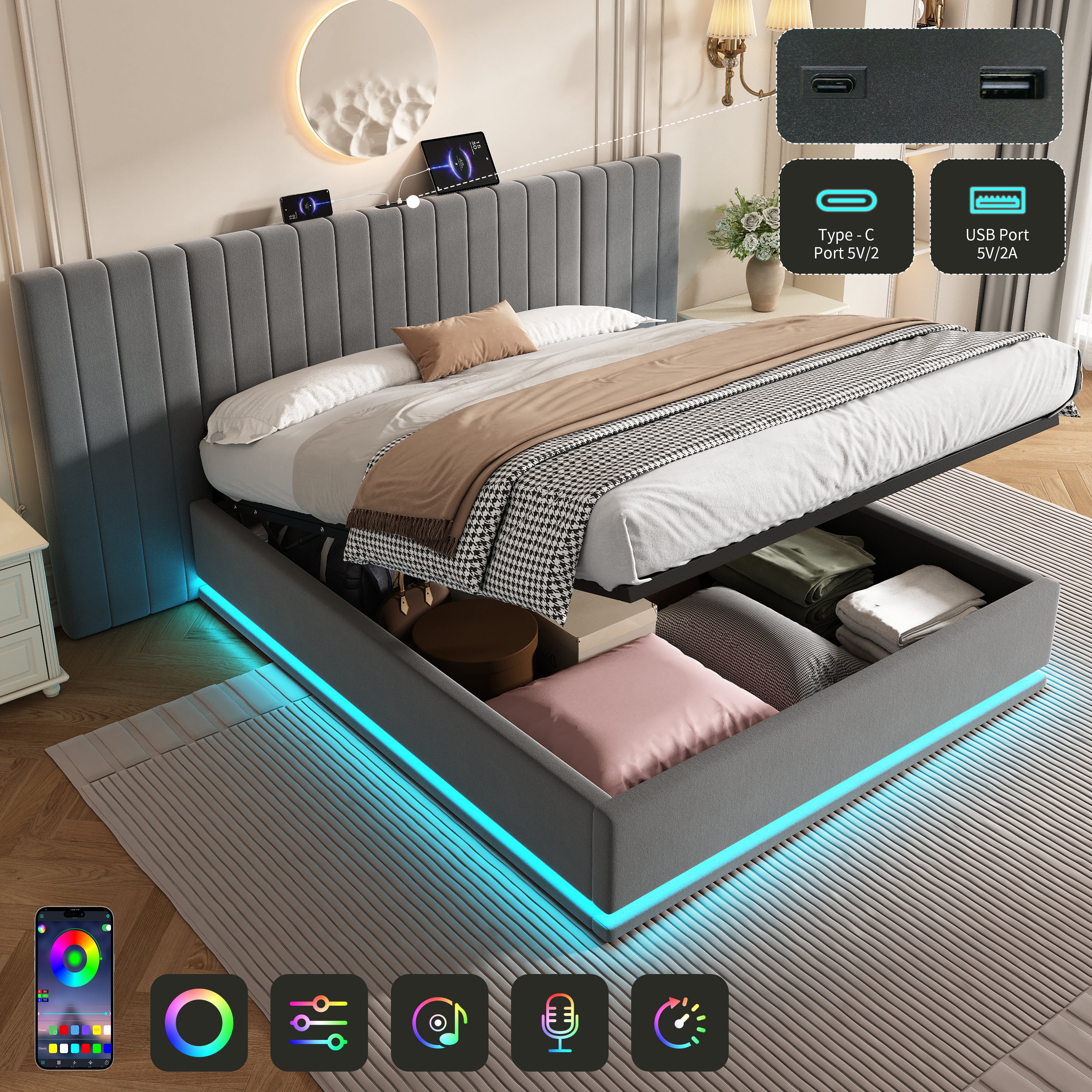 King Ottoman Bed with LED Lighting, Velvet Hydraulic Storage Bed with Charging Station, 5ft King Bed Frame Channel Tufted with Wide Headboard, USB and Type - C Ports, Grey (No Mattress)