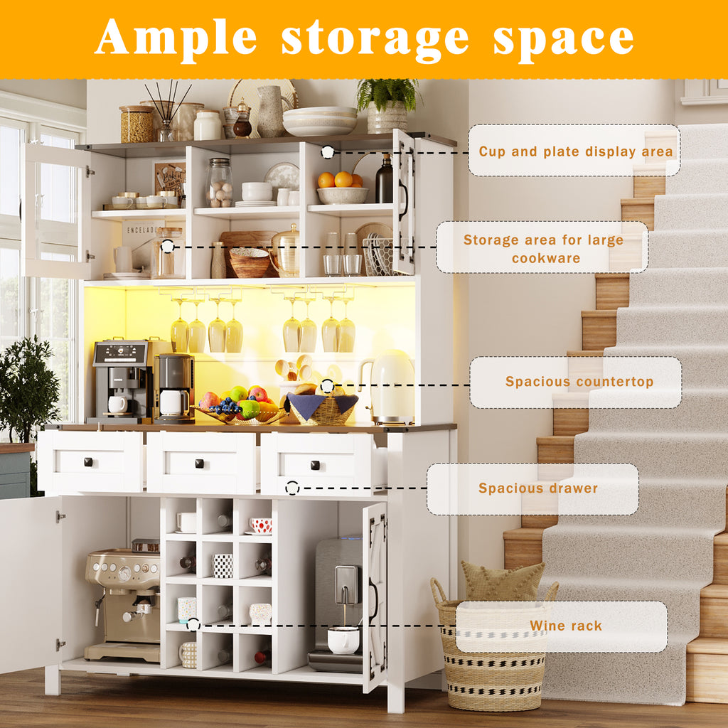 Tall Kitchen Cabinet with 4 Doors & 3 Drawers, USB Ports & Power Outlets, LED Light Strip, Modern Storage Sideboard, Side Cabinet for Kitchen & Living Room, 120 x 40 x 170 cm, White