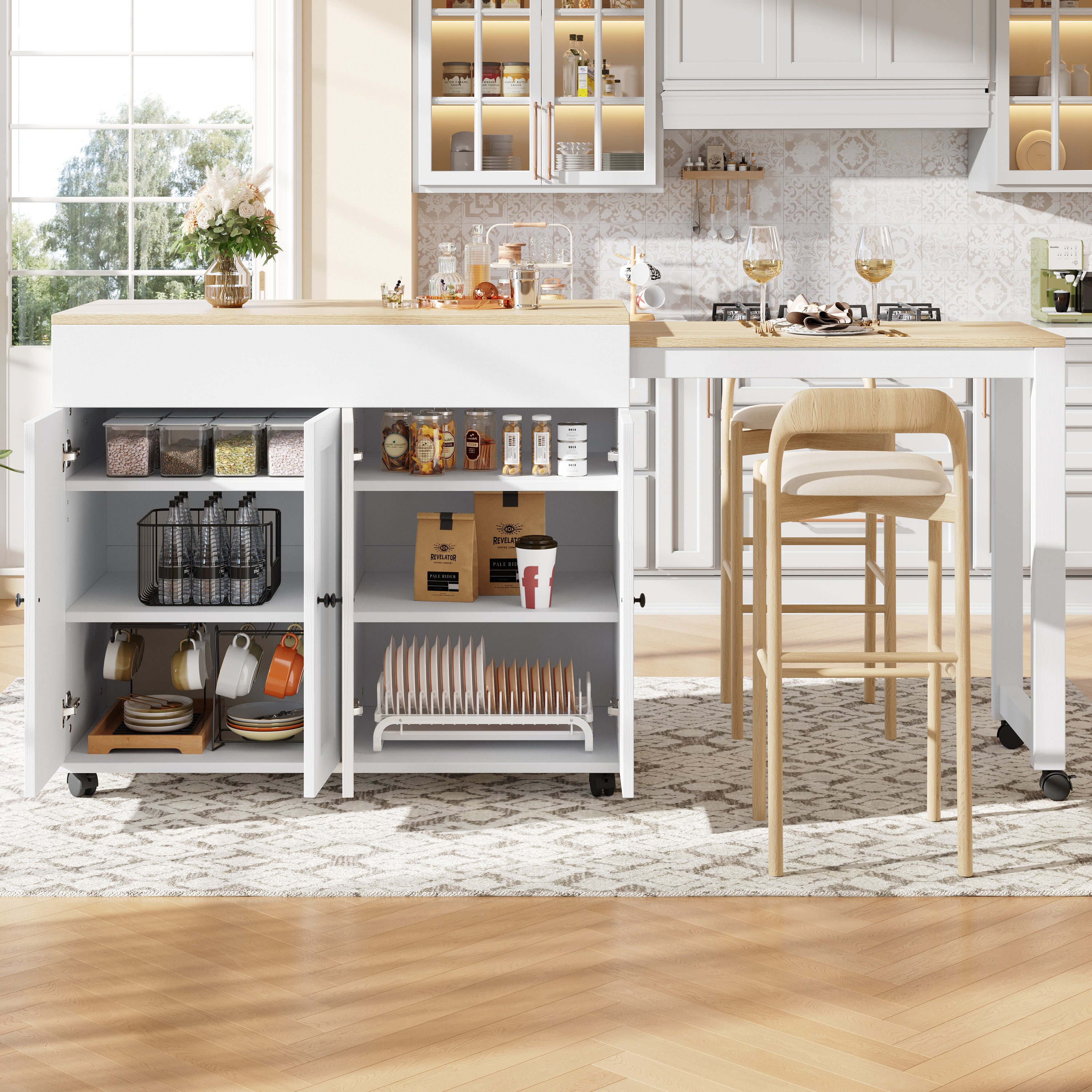 Modern Extendable Bar Table (118-180×50×94cm), Extendable Dining Table with Storage, with Six Shelves, Standing Table Bistro Table, for Dining Room, Use as Living Room Room Divider, White/Gray