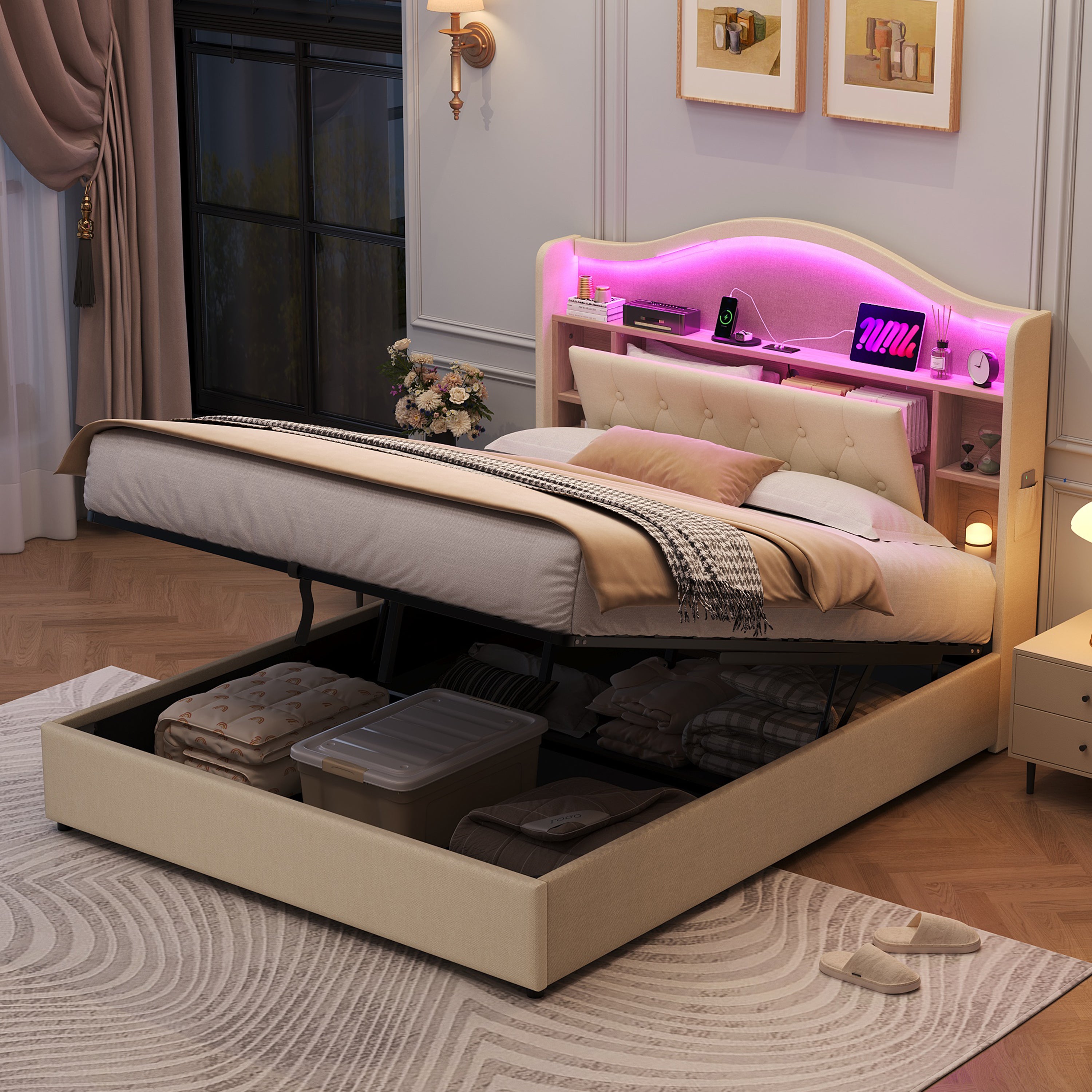 4ft6 Double Upholstered Bed Frame with Hydraulic Storage, LED Curved Button Tufted Headboard with Charging Station and Concealed Headboard Storage, USB and Type - C Ports, Linen, Beige (No Mattress)