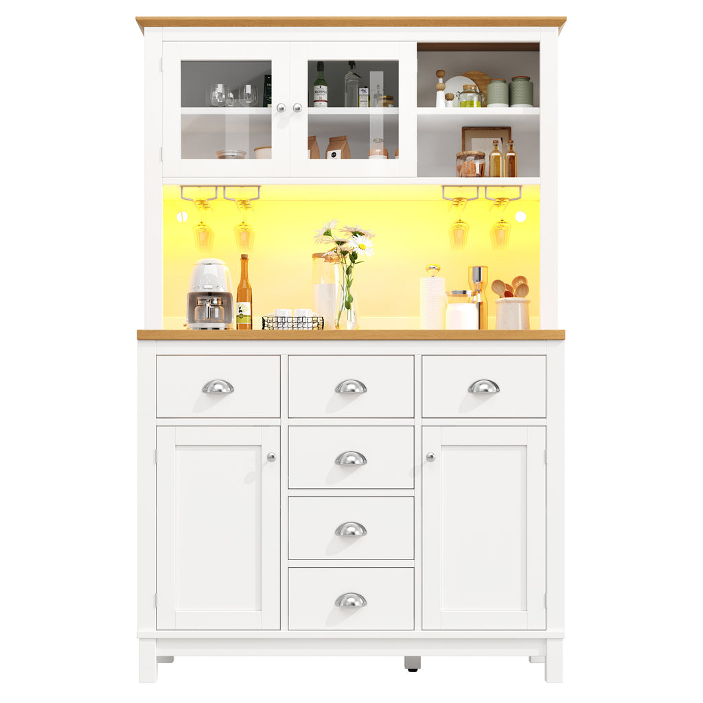 Sideboard / Storage Cabinet / Kitchen Cabinet / Buffet Cabinet, 104x40x180cm, Farmhouse Style, 5 Doors, with LED Light Strip & Drink Holders, Green/White