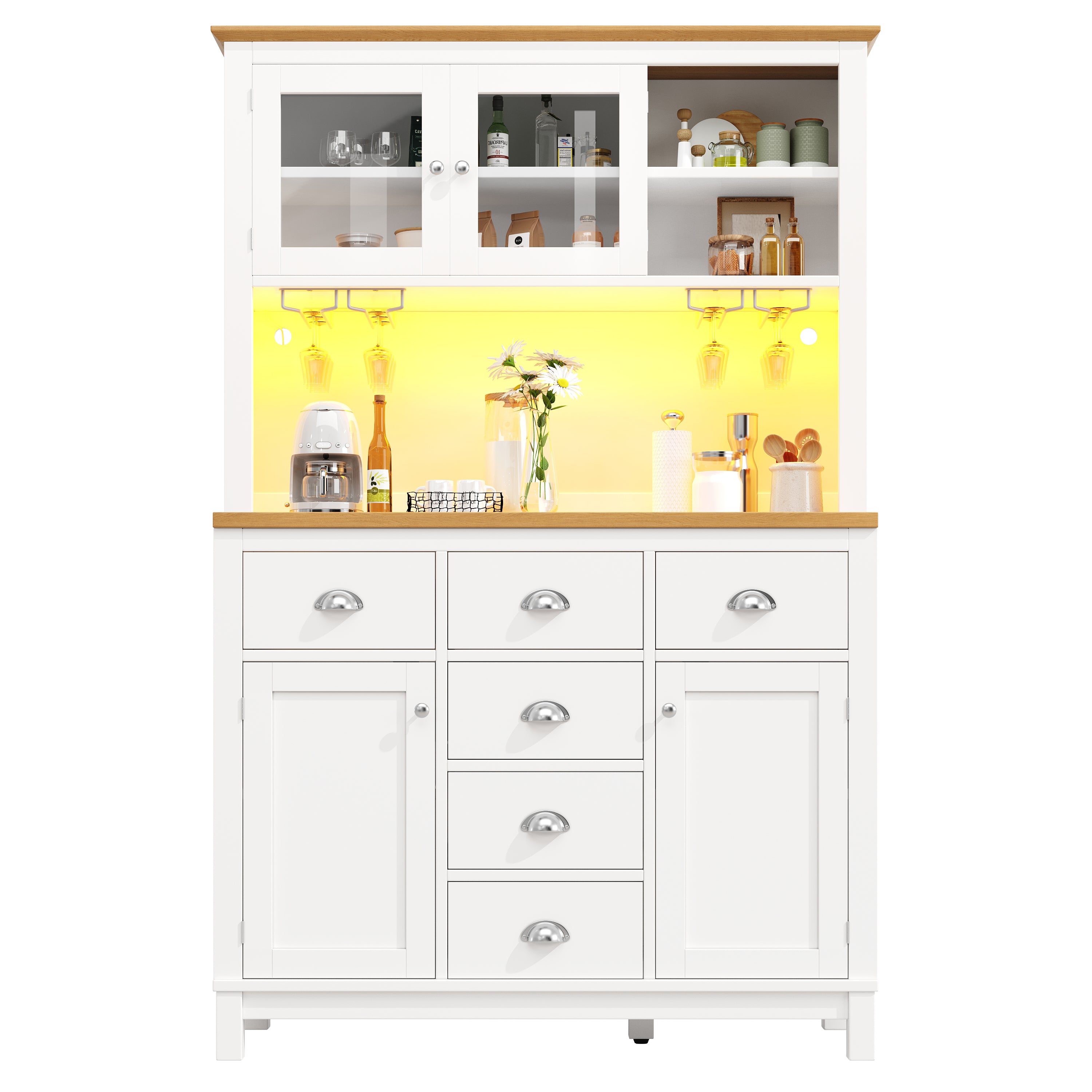 Sideboard / Storage Cabinet / Kitchen Cabinet / Buffet Cabinet, 104x40x180cm, Farmhouse Style, 5 Doors, with LED Light Strip & Drink Holders, Green/White