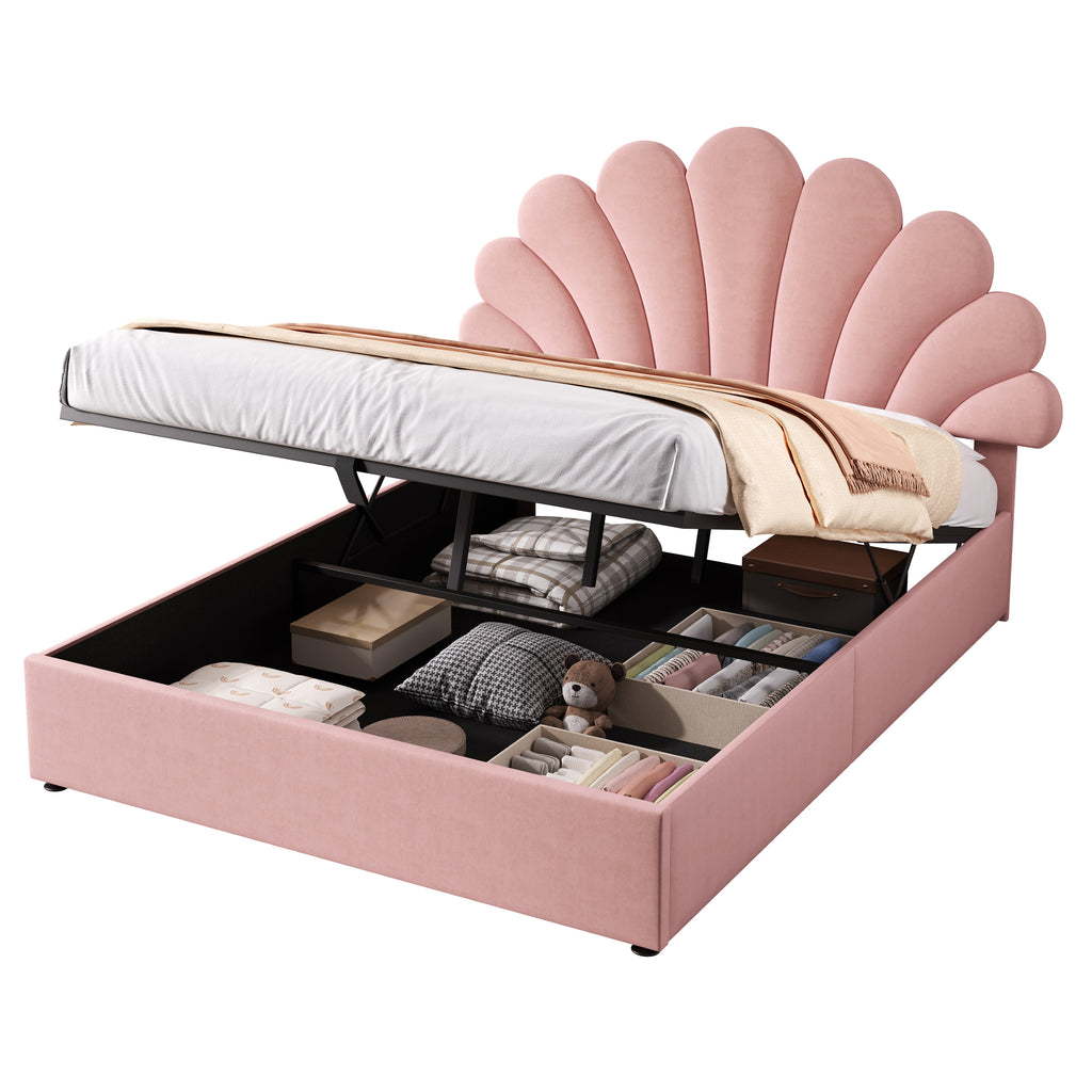 4ft6 Double Upholstered Hydraulic Bed with Adjustable Chic Petal Headboard, Soft Velvet Bed Frame with Hydraulic Storage, Petal Bed with Solid Wood Slat, No Box Spring Needed, Pink (No Mattress)