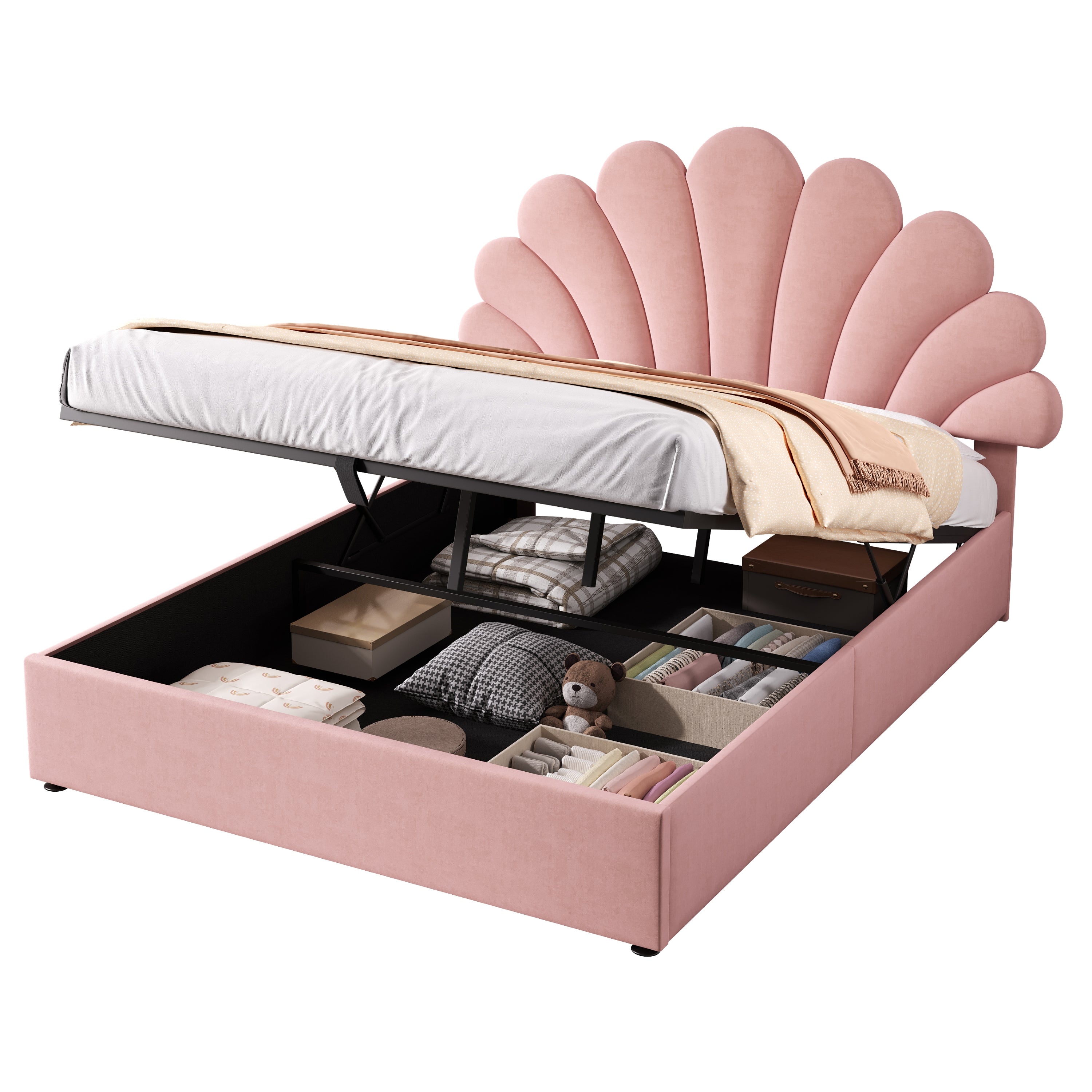 4ft6 Double Upholstered Hydraulic Bed with Adjustable Chic Petal Headboard, Soft Velvet Bed Frame with Hydraulic Storage, Petal Bed with Solid Wood Slat, No Box Spring Needed, Pink (No Mattress)