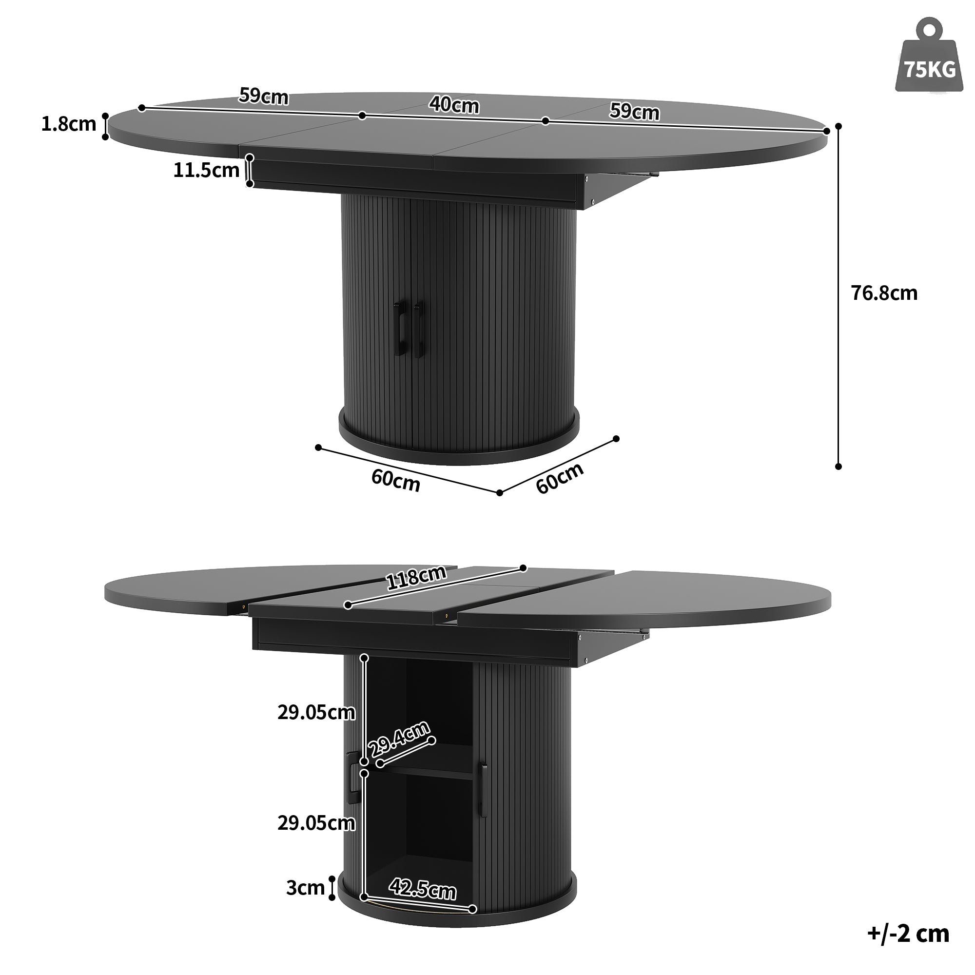Extendable dining table, dining room table, kitchen table, balcony table, extendable table top Round dining table, extends to oval, 118–158 cm, seats up to 6 people, walnut/black