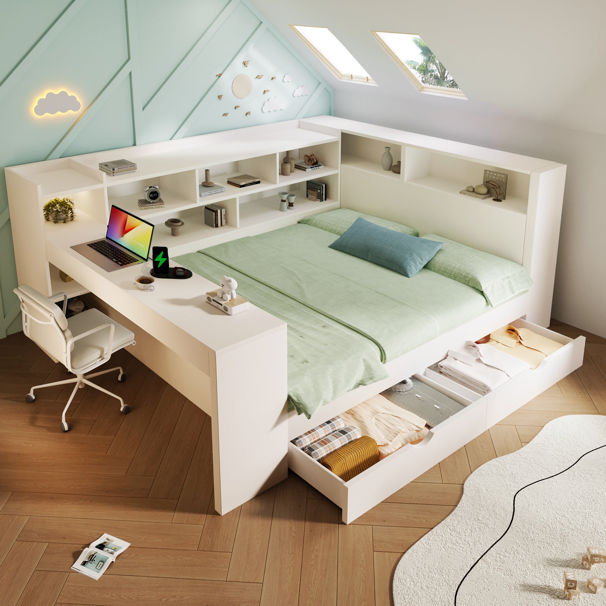Double Daybed with Bookcase & Computer Desk, 4ft6 Sofa Bed with Storage, Drawers & USB Type-C Port, 135 x 190 cm Multi-functional Wooden Bed Frame for Living Room/ Bedroom, White (No Mattress)