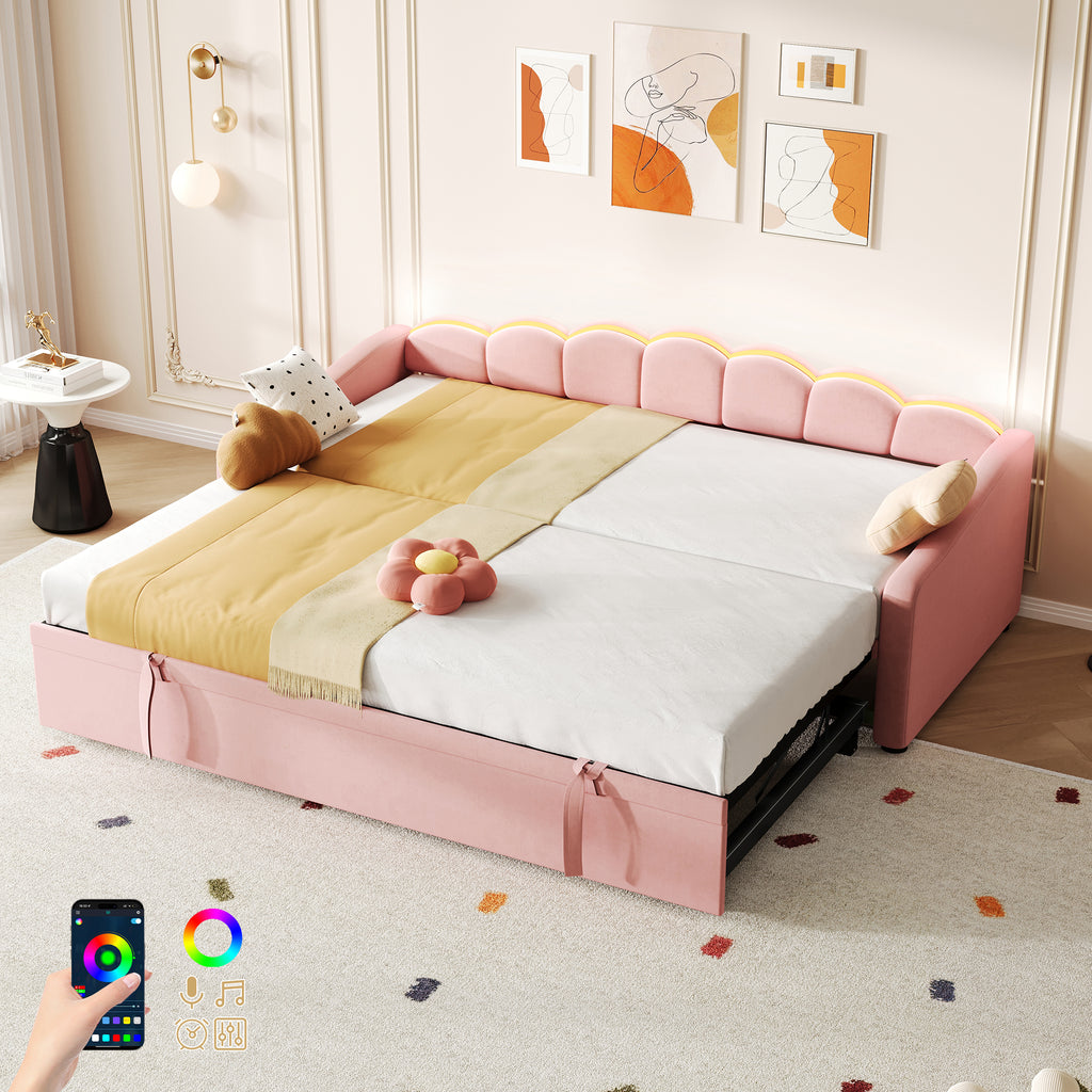 Upholstered Bed 90x190cm, Daybed, Sofa Bed with RGB LED Lighting, 3ft Petal Shape Single Bed with Trundle,Pull out Trundle Bed for Living Room/ Bedroom/ Study Room, Velvet, Pink (No Mattress)