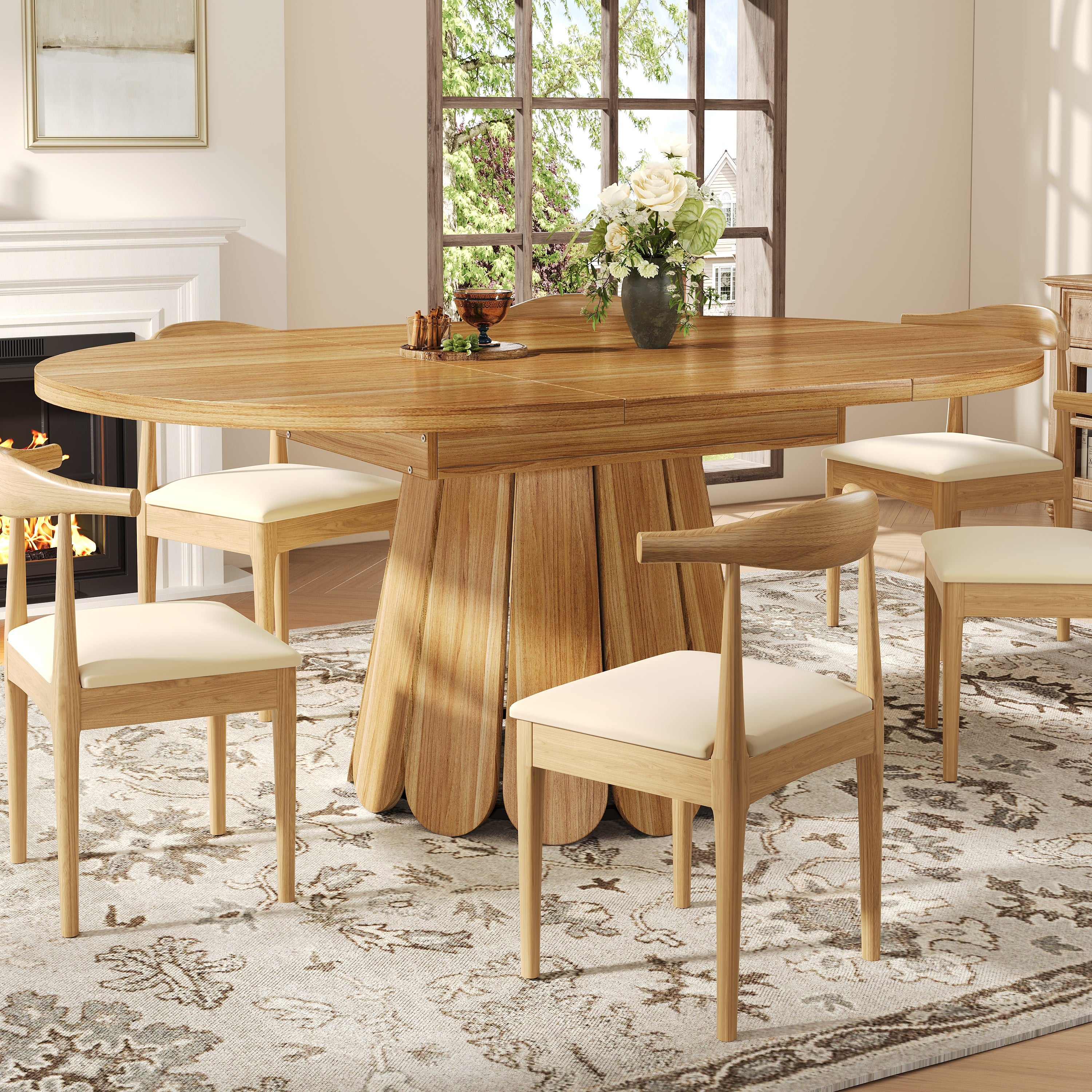 Extendable dining table, dining room table, kitchen table, balcony table, wooden dining table Round dining table, extends to oval, 118–158 cm, seats up to 6 people, wood